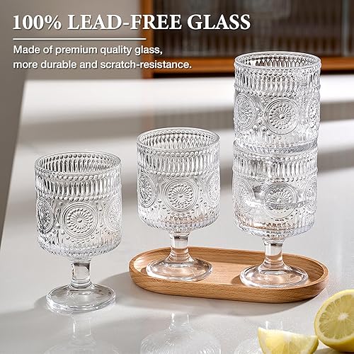 Miniatura 4 de Paquete de 6 vasos de copa vintage, copas de vino de 8 onzas, juego de vasos de vidrio floral en relieve, vasos transparentes para beber, vasos de