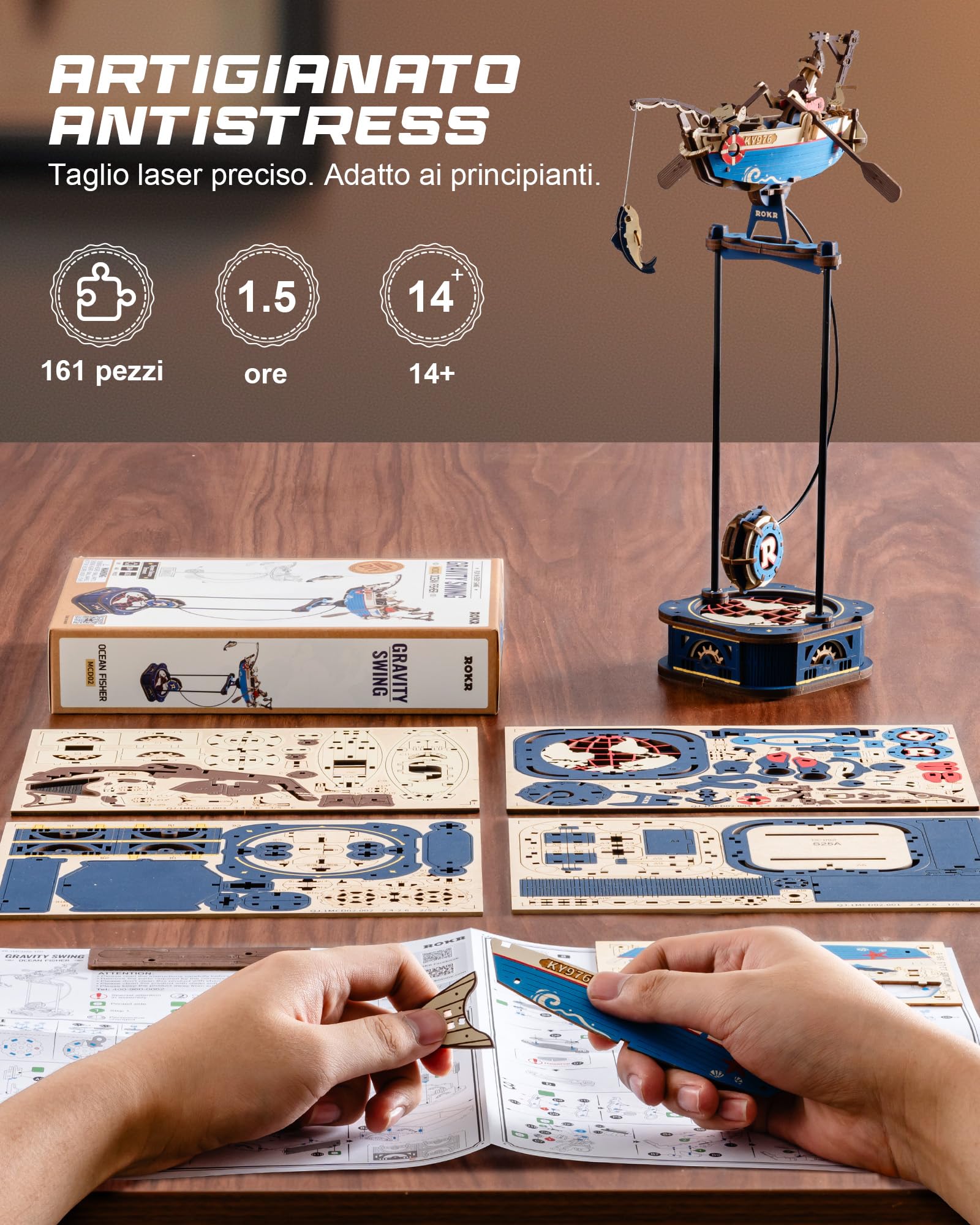 ROKR 3D Puzzle in Legno Barca, Modellismo da costruire Adulti Pescatore Oceanico, Oscillazione Gravitazionale Decorazione, Regali per adulti e bambini, Ocean Fisher MCD02