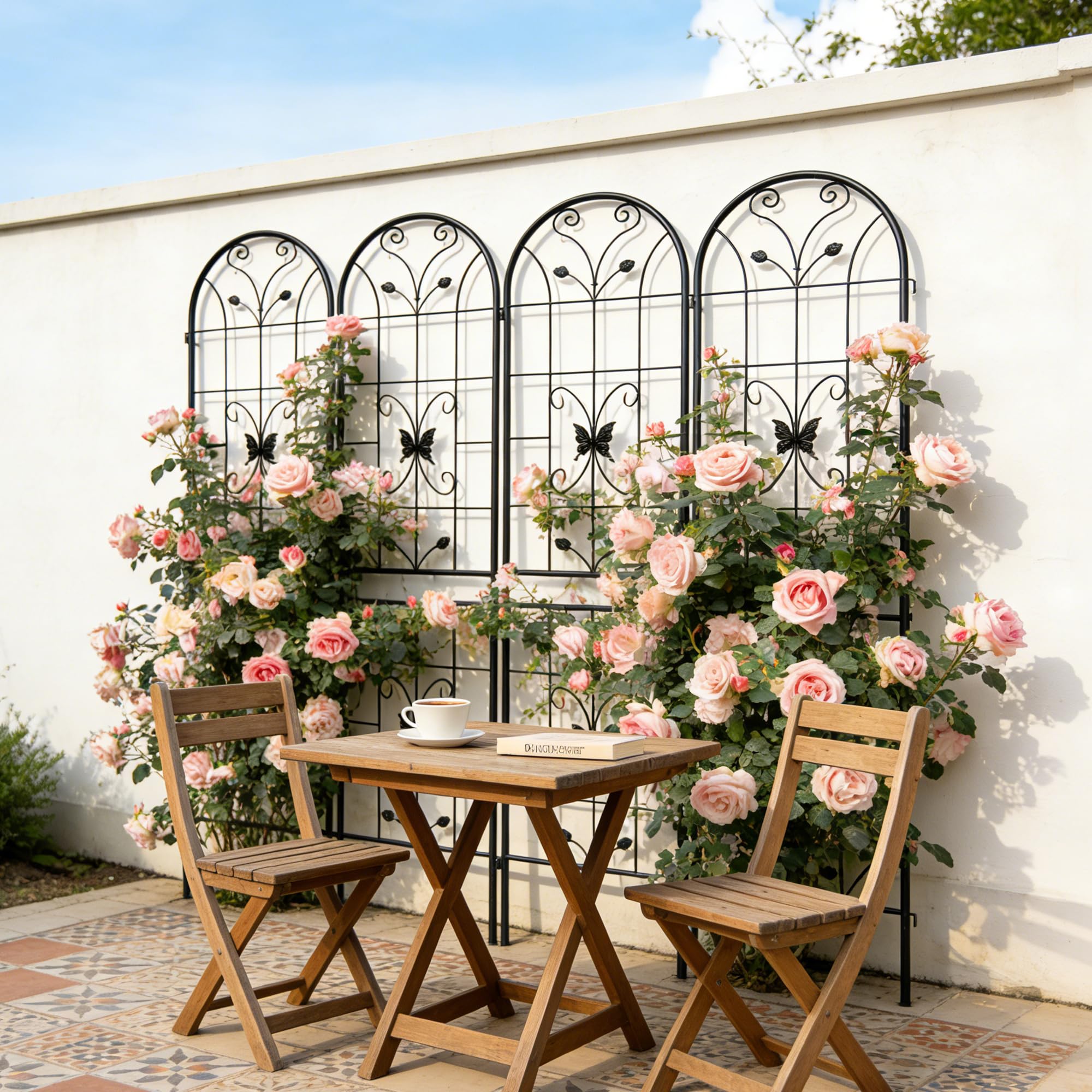 Rankgitter 220x50cm 2er Set / 4er Set, Klettergitter aus Metall für Kletterpflanzen, Sichtschutzgitter Schwarz für Balkon & Terrasse, Wandspalier mit elegantem Design (4er Set)