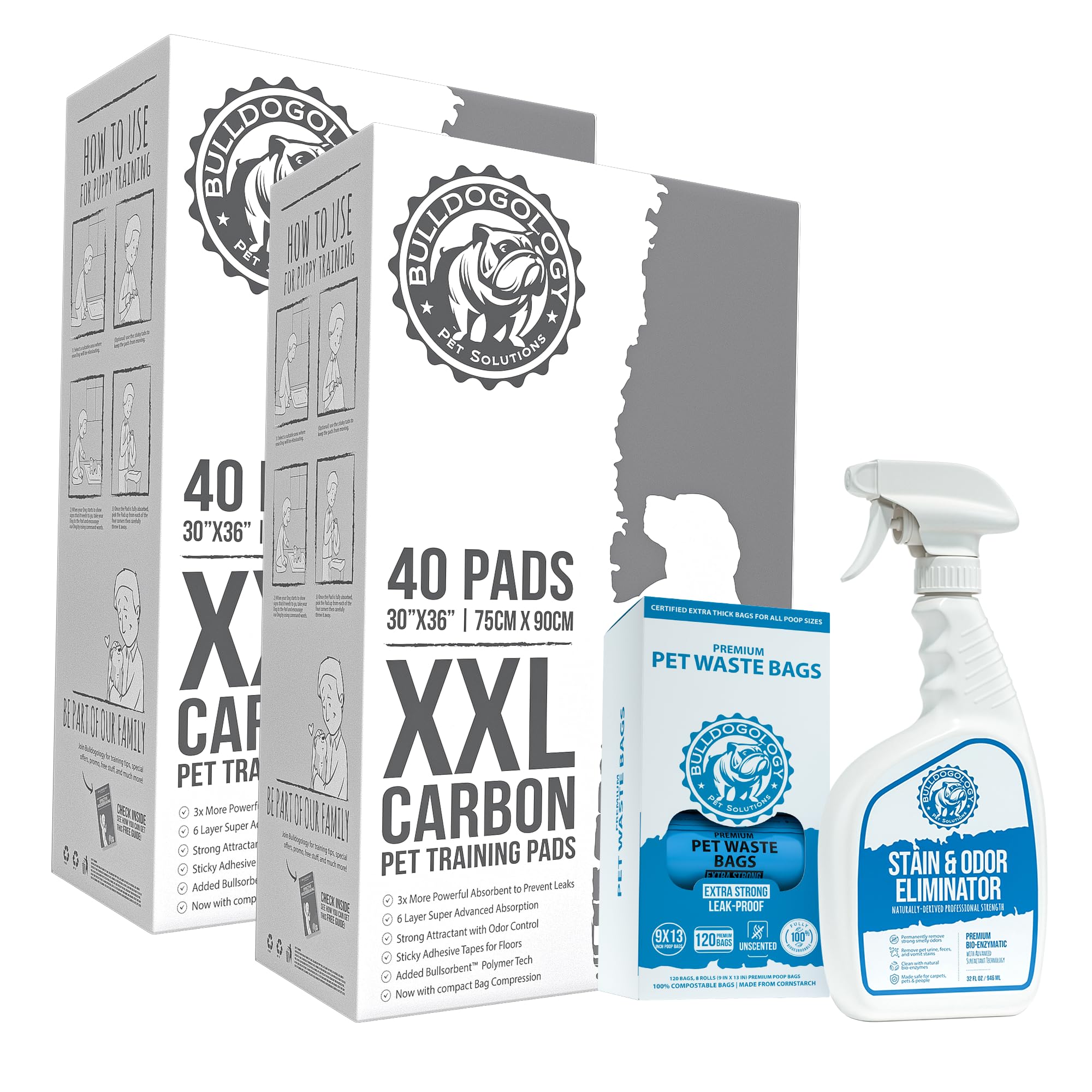 Bulldogology Carbon Puppy Pads XXL 30x36, Stain & Odor Remover Dog Poop Bag Bundle (80-Count w/ 32 oz., 120-Bags)