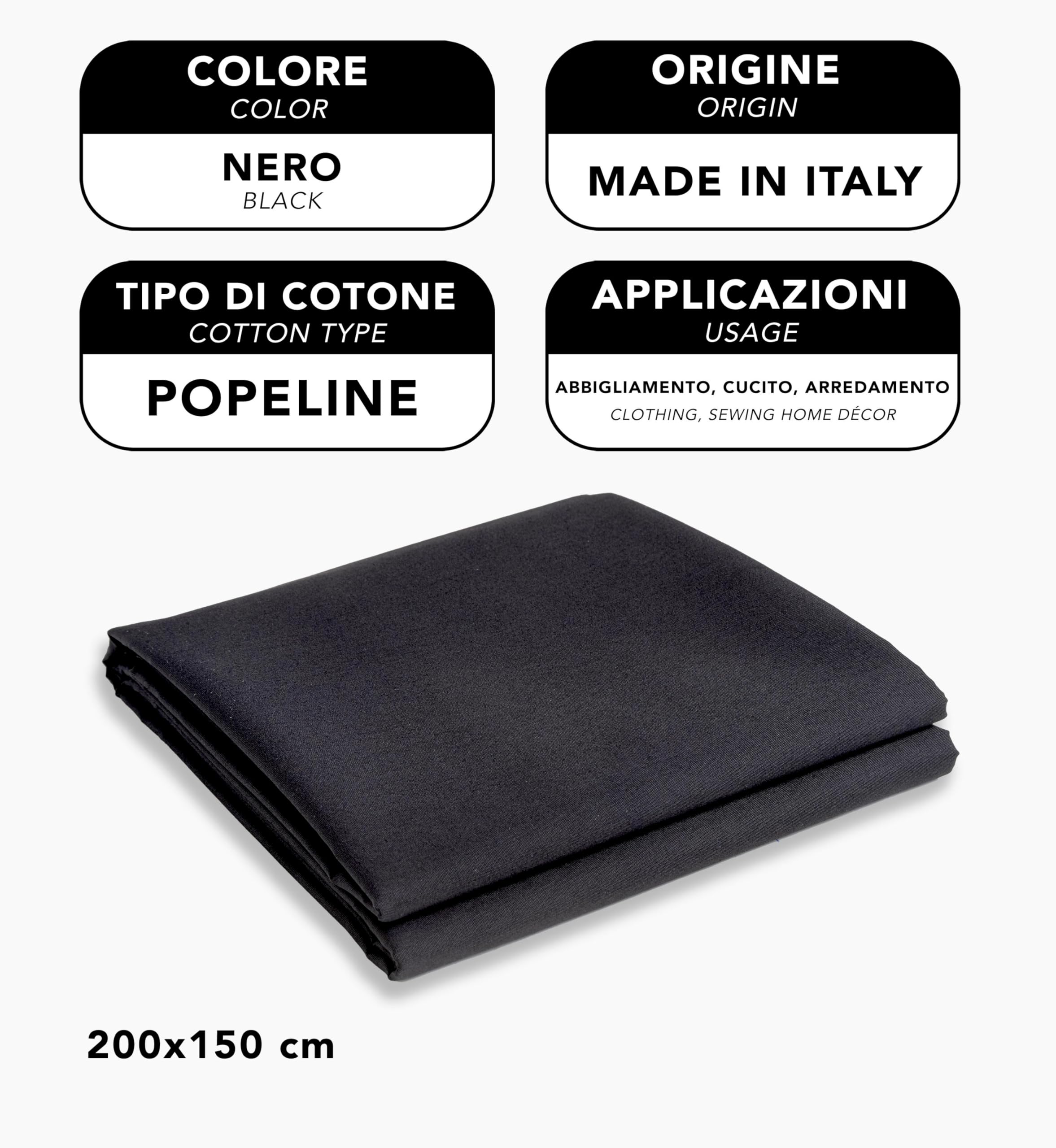 IPEA Tessuto in Cotone Popeline Nero - 200 cm x 150 cm - Made in Italy - Tessuto al Metro per Cucito, Abbigliamento, Fodere, Arredamento, Accessori, Patchwork, Stoffa Tinta Unita per Cucire