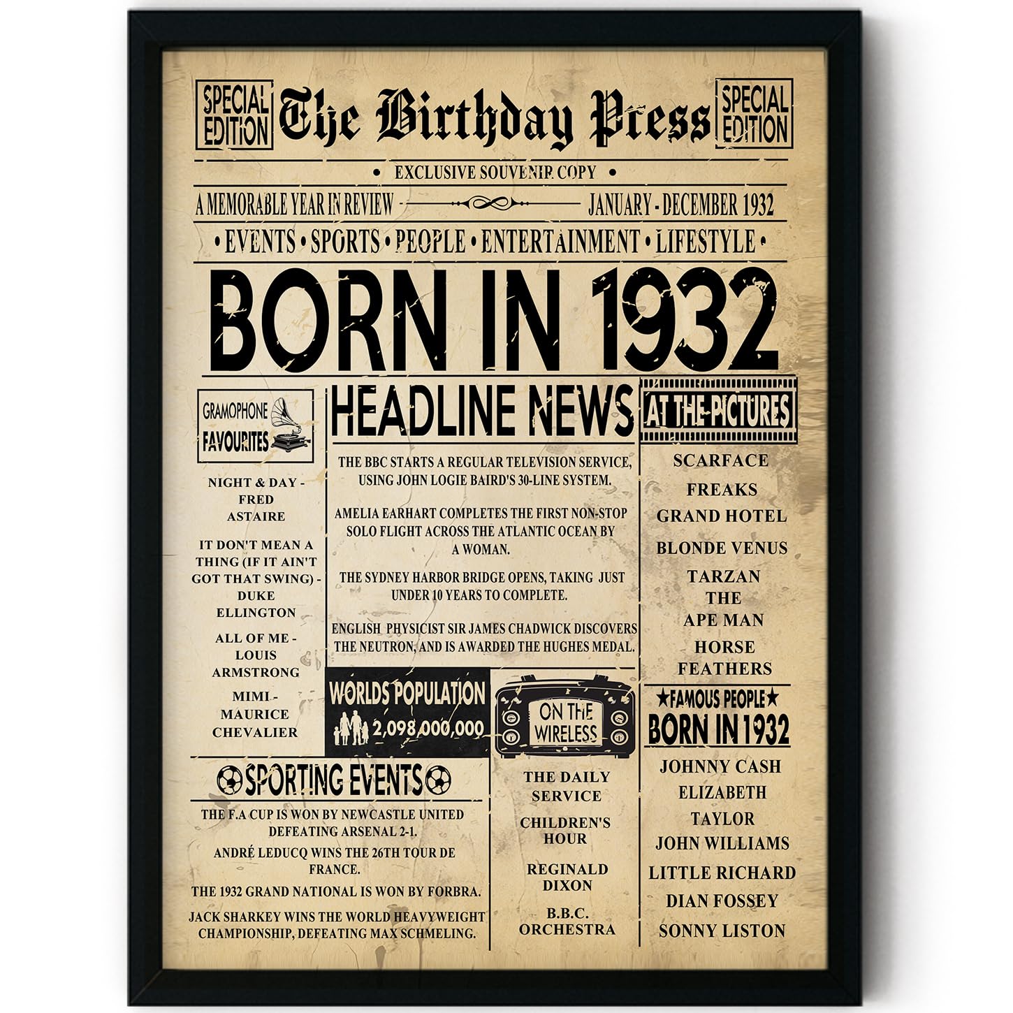 Stuff4 94th Birthday Poster Framed - Born In 1932 Vintage Newspaper - Happy 94th Birthday Gifts for Women Men Retro Back In 1932, 8x10 Inch Decor Decoration Bday Party
