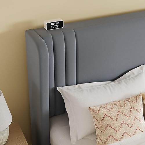 Miniatura 4 de SHA CERLIN Base de cama tapizada de terciopelo de tamaño matrimonial con cabecera de ala capitonada de canal vertical, soporte de listones de