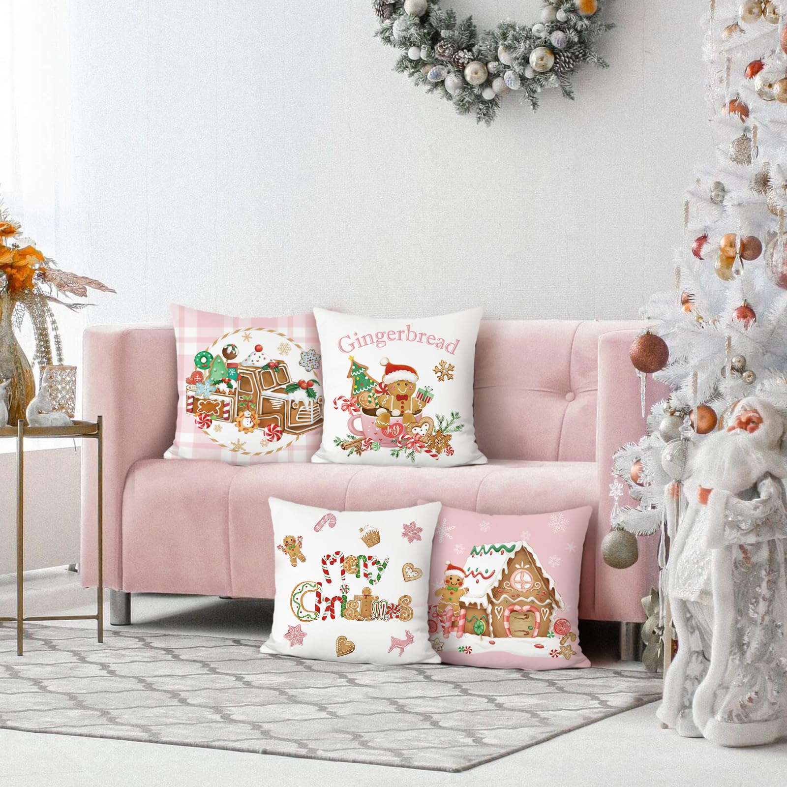 Bonhause Christmas Gingerbread Cushion Covers 45 x 45 cm Xmas Truck House Hot Cocoa Pink Decorative Throw Pillow Covers for Sofa Bed Home Winter Holiday Decor Set of 4 - Image 3