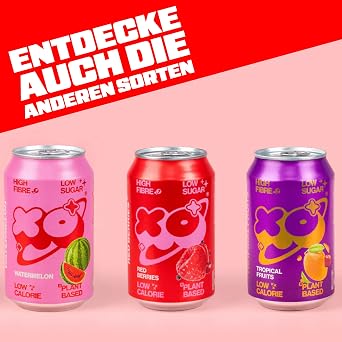 XO Soda Bundle (12 x 330 ml Cans) Red Berries Tropical Watermelon Refreshing Sparkling Drink with 6 g of Plant-based Fibre Low Sugar & Low Calorie High in Fibre