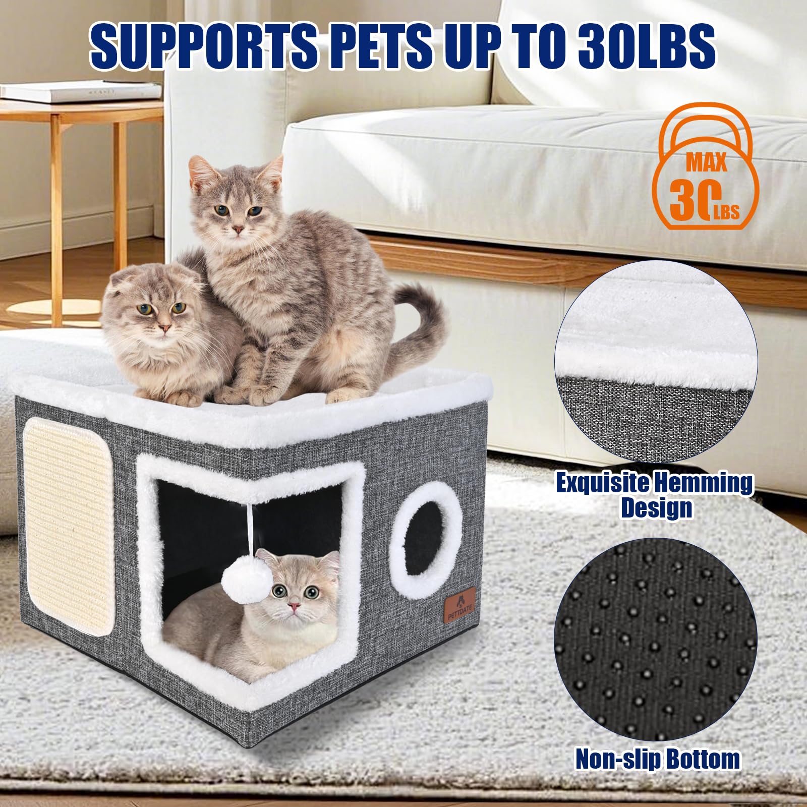 Cat House for Indoor Cats Large Cat Cave Bed with Scratch Pad and Fluffy Ball, Foldable Cat Hideaway - Image 3