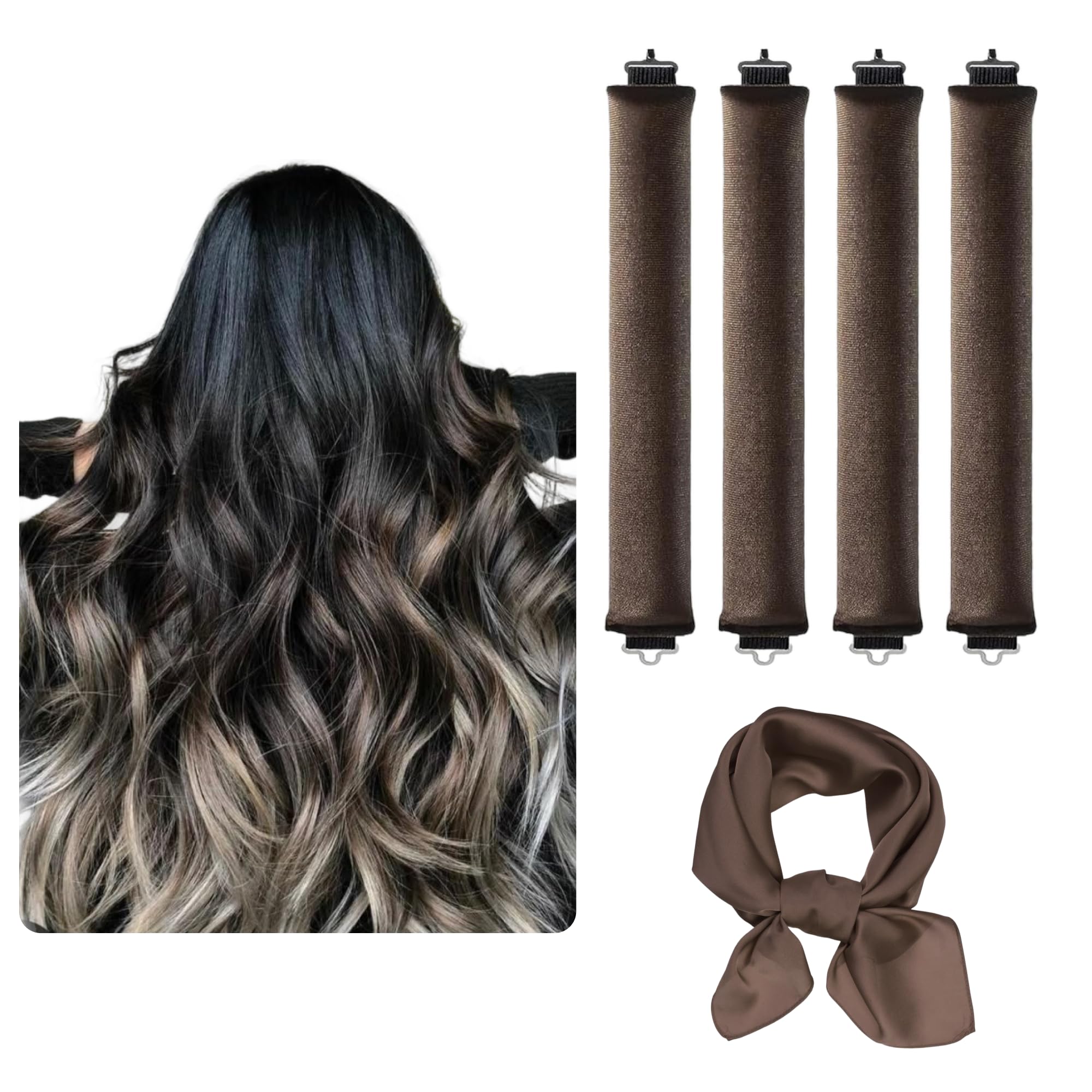 Heatless Hair Curlers for Overnight Curls – 4 Pcs Velvet Flexi Rods with Satin Scarf, No Heat Curling Set for Long Hair, Soft Sleep-In Rollers for Natural Waves and Blowout Volume