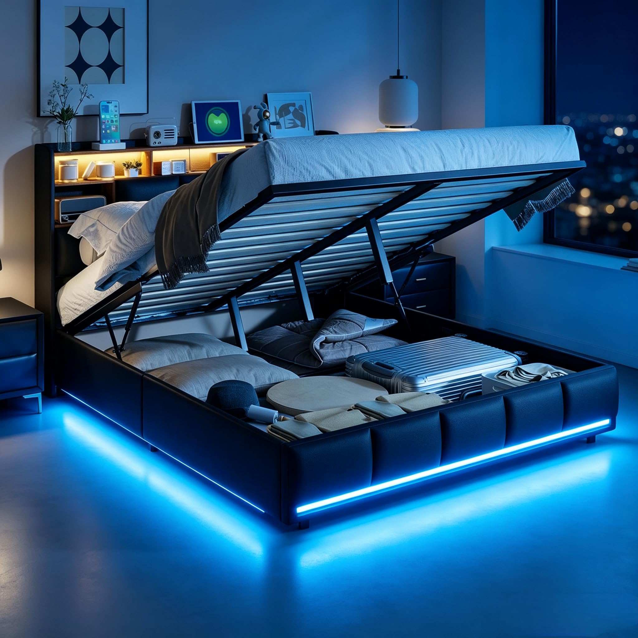 MOTUZP Letto matrimoniale, 160x200 cm, Struttura letto matrimoniale con LED e USB, Imbottito Letto, Testiera e sotto il LETTO con contenitore, Tessuto in pelle PU (Nero-B)