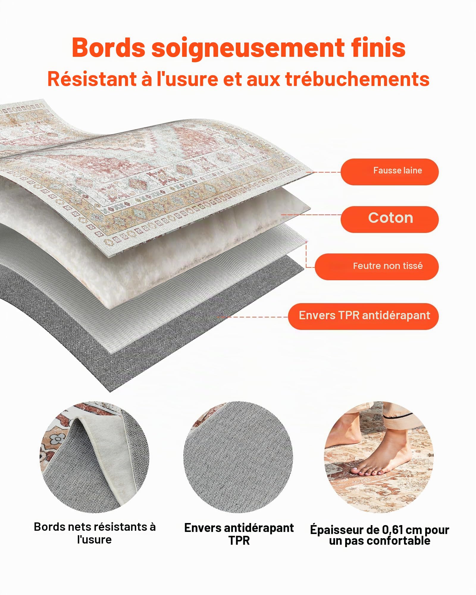 VEVOR Tapis Salon, 2,4 x 3 m, Grand Tapis Chambre Lavable et Antidérapant, Poils Courts et Denses, Résistant aux Griffures Animaux, Doux, Style Vintage, pour Chambre, Bureau, Entrée, Marron et Rouge