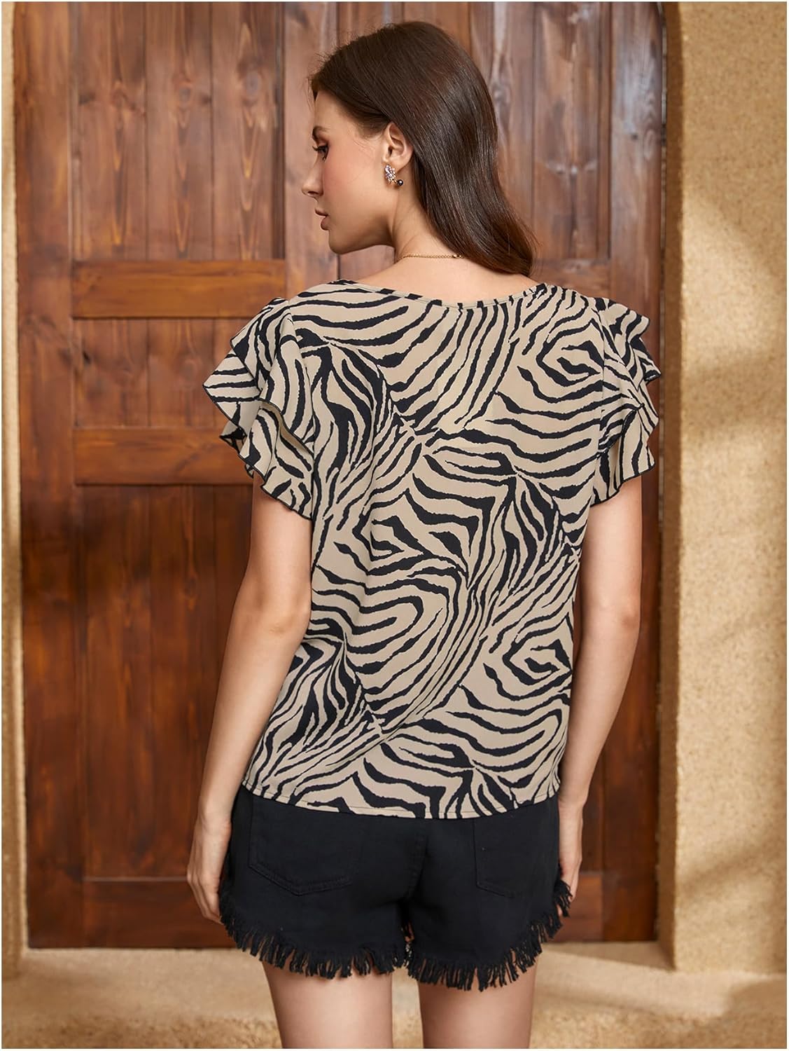 Verdusa Women's Zebra Print Layered Short Sleeve Blouse Round Neck Lightweight Shirt Tops - Image 2