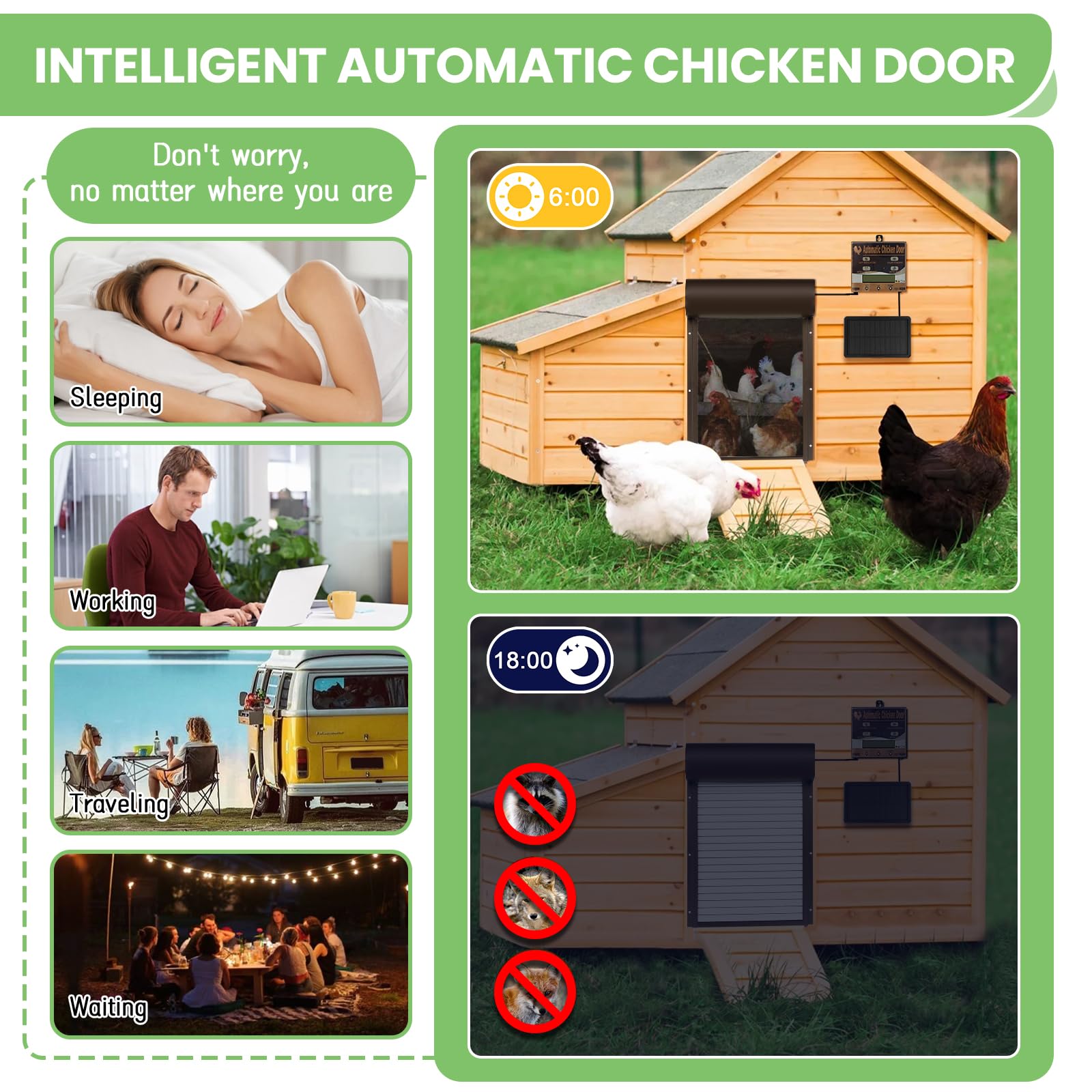 Batería automática de gallina, Puerta de Pollo eléctrica automática | con temporizador, panel solar, mando a distancia, manual, protección inteligente contra pellizcos