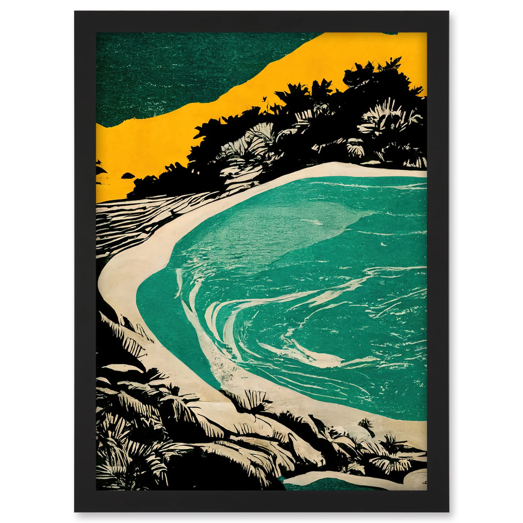 Wee Blue Coo Beach Lagoon Abstract Marbled Seascape Mustard Teal Artwork Framed A3 Wall Art Print