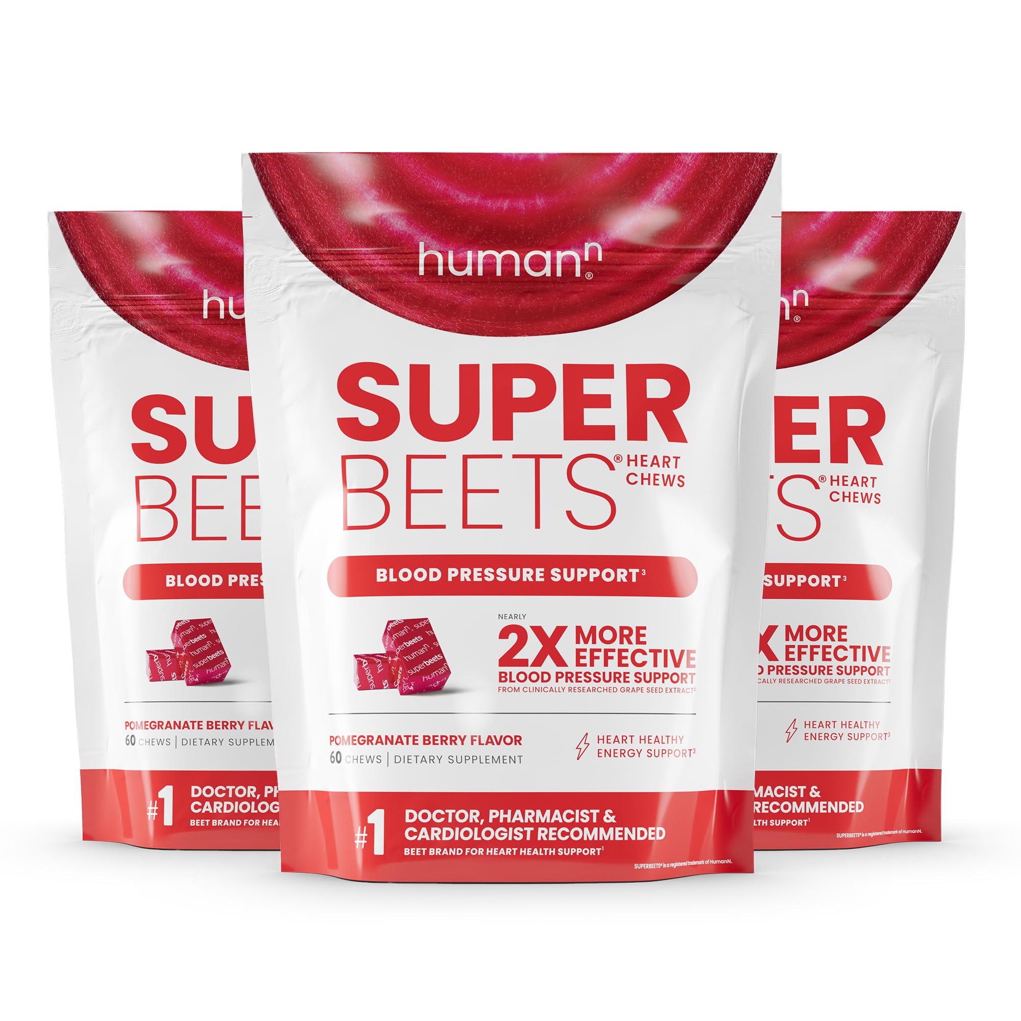 Humann SuperBeets Heart Chews, Nitric Oxide and Blood Pressure Support, Grape Seed Extract & Non-GMO Beet Root Powder Energy, Pomegranate Berry Flavor, 180 Count