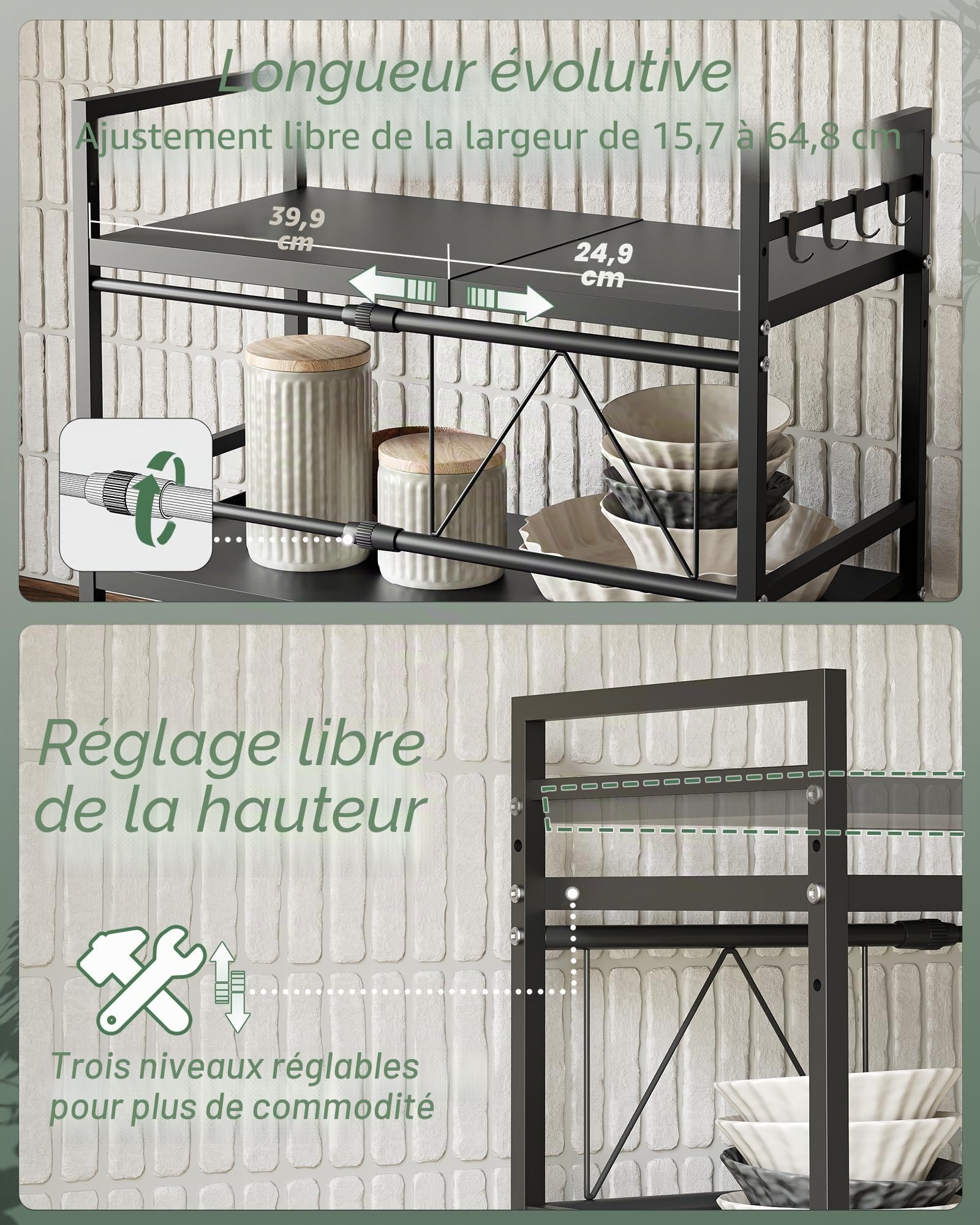 NETEL Support Micro-Ondes 2 Niveaux Extensible, Étagère Plan Travail pour Four, Rangement Micro-Ondes avec Crochets, Noir
