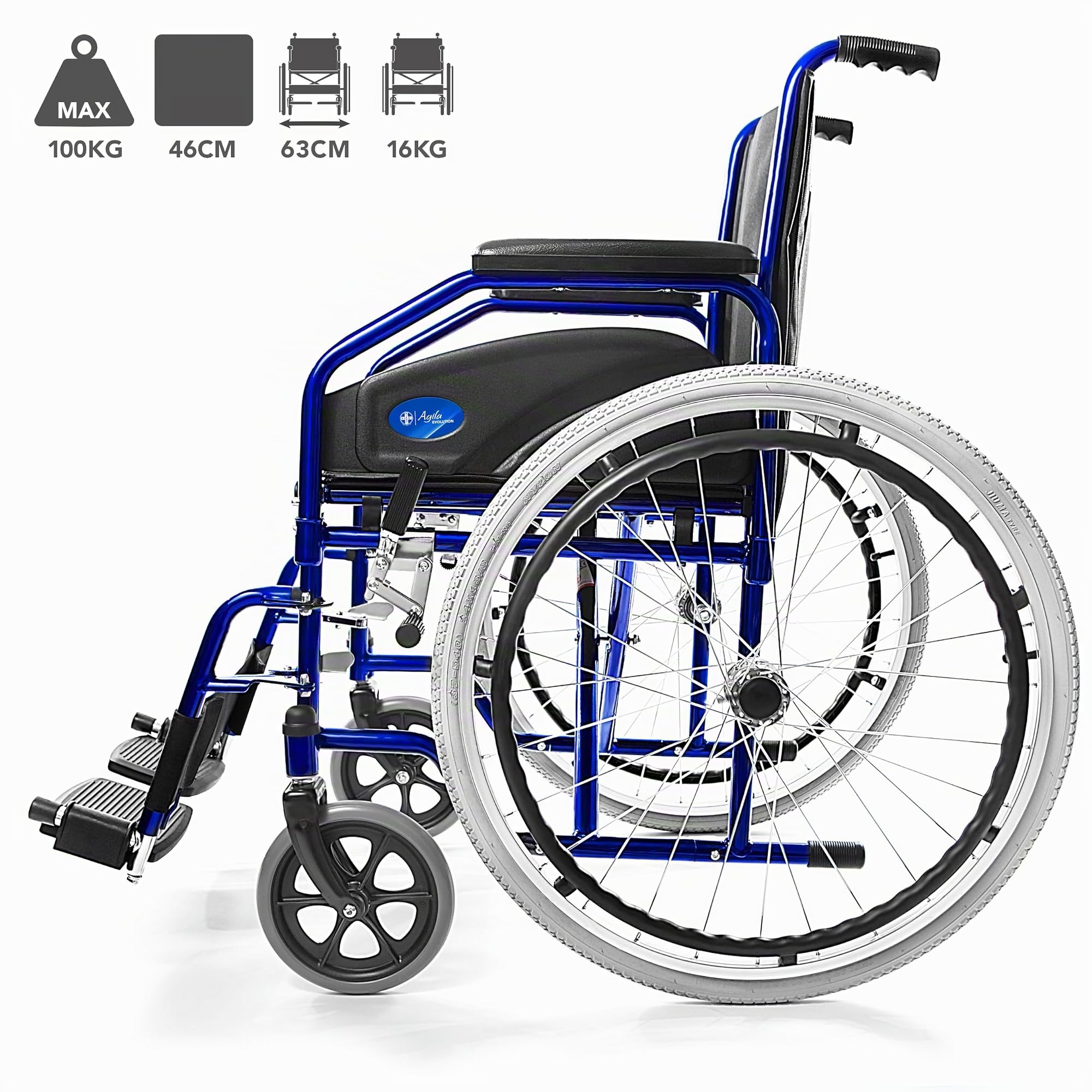 AIESI® Fauteuil Roulant pliable léger à autopousser pour handicapés et les personnes âgées AGILA EVOLUTION, Accoudoirs et repose-pieds amovibles, Ceinture de sécurité, Pompe à air, Garantie 24 mois