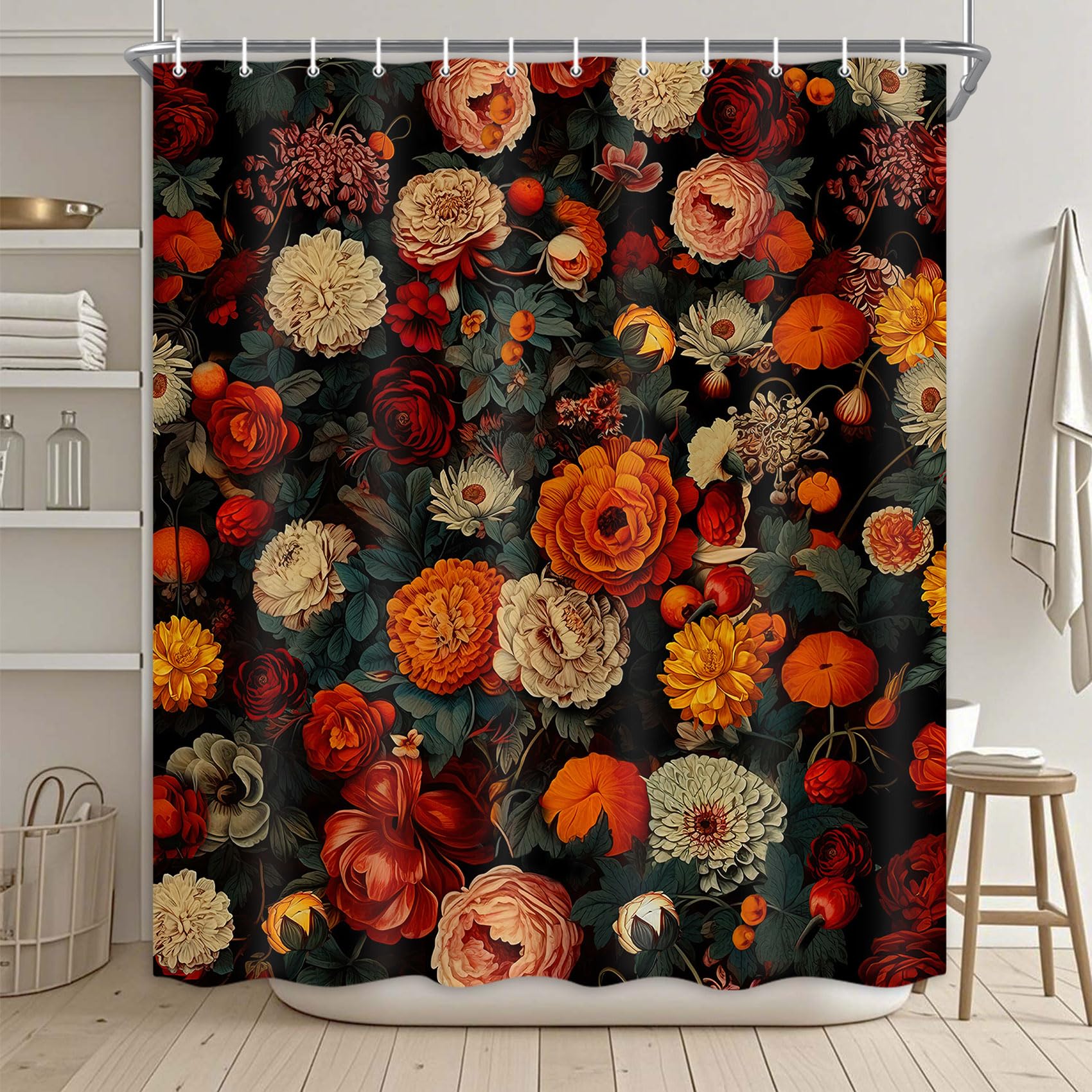 Drgilau Vintage Floral Shower Curtain for Bathroom, Black Boho Floral Shower Curtain Farmhouse Flowers Bathroom Curtains Bohemian Flower Waterproof Bath Curtains with 12 Hooks, 72X72 Inch