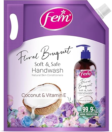 Fem Floral Bouquet Soft & Safe Handwash – 1500 ml | Enriched with Goodness of Coconut Milk & Vitamin E | Long Lasting Fragrance
