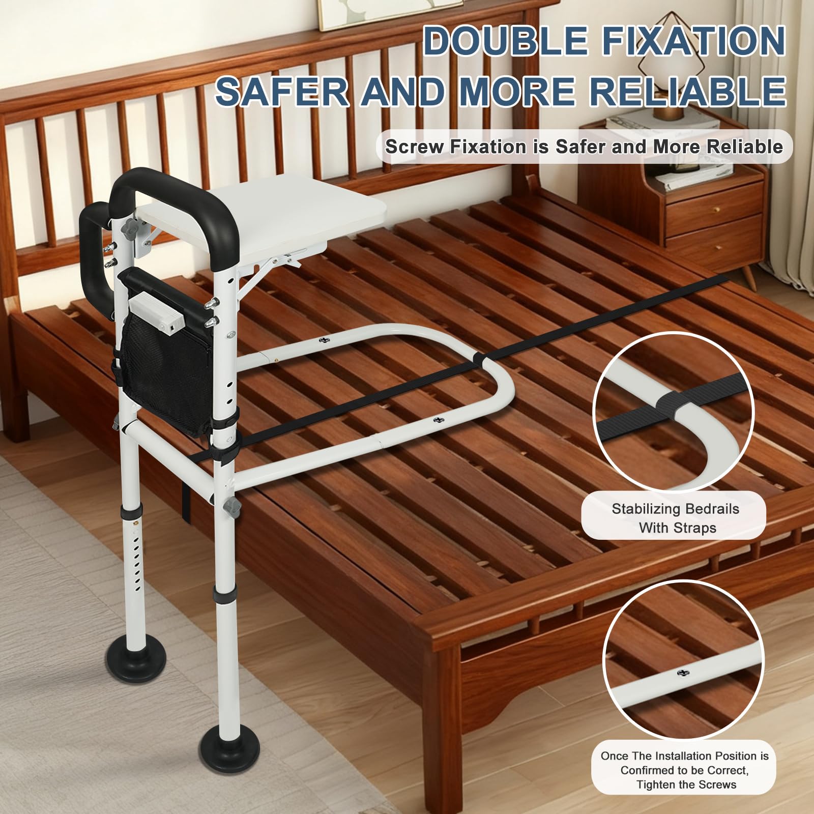 Sponda per letto per anziani e adulti, con tavolo pieghevole, tasca portaoggetti, luce sensore, guida di assistenza regolabile in altezza con manico ergonomico antiscivolo e barra di supporto