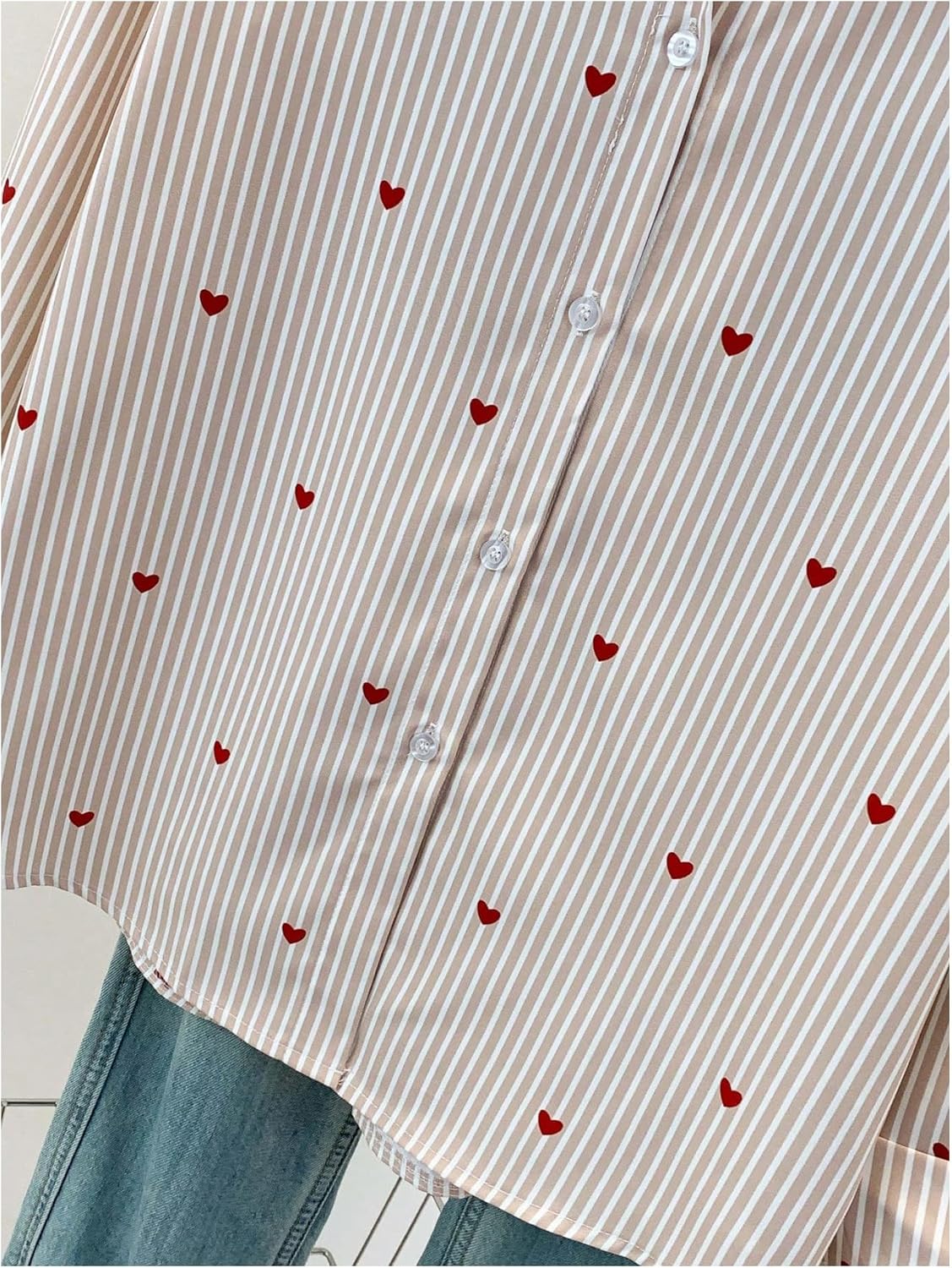SweatyRocks Women's Heart Print Striped Button Down Shirts Dressy Casual Long Sleeve Blouses - Image 2