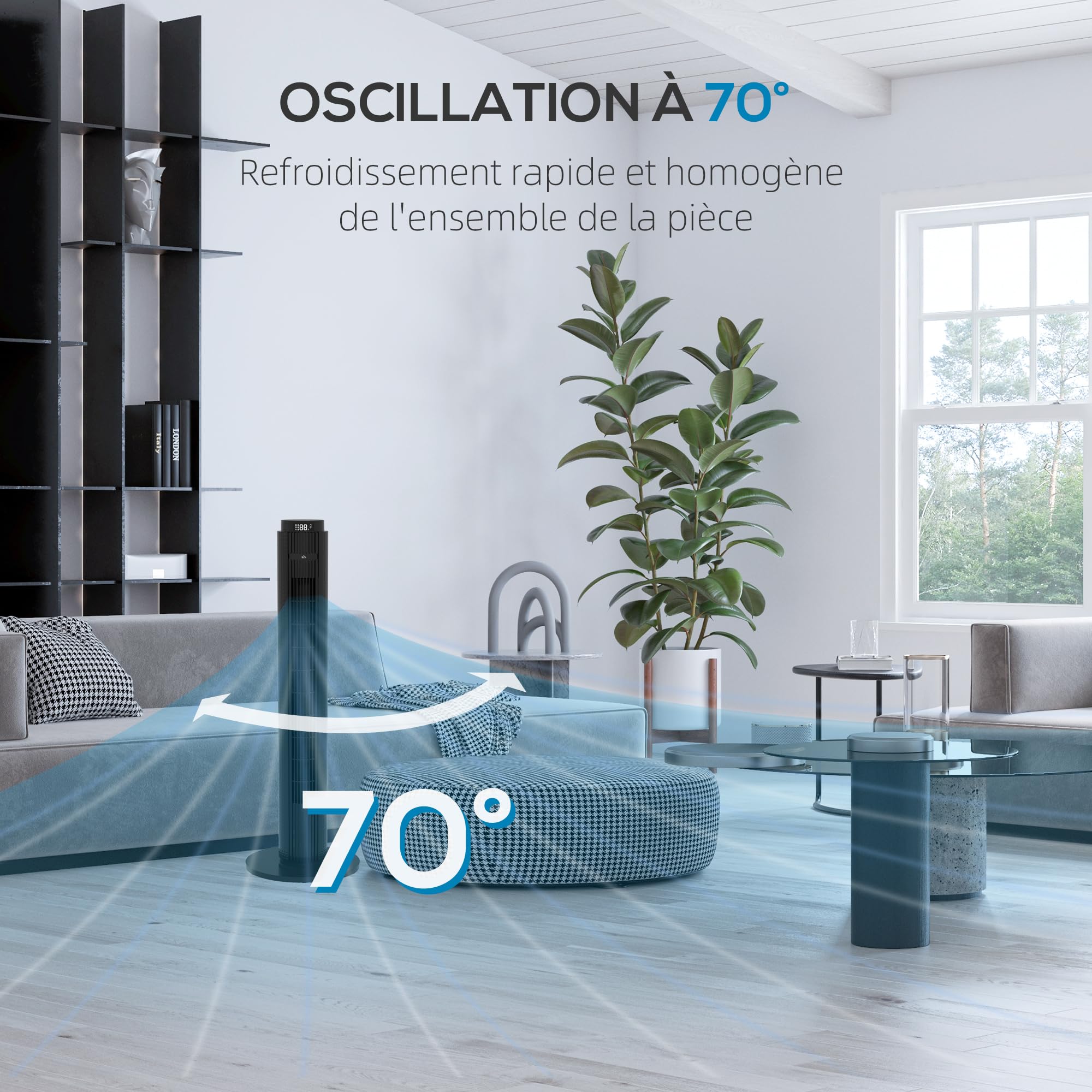 HOMCOM Ventilateur Colonne Silencieux 45 W, Ventilateur Tour pour Chambre à Coucher, 4 Modes, 3 Vitesses, Télécommande, Oscillant 70°, Minuterie 12H, Écran LED et Mode Veille, 96H cm, Noir