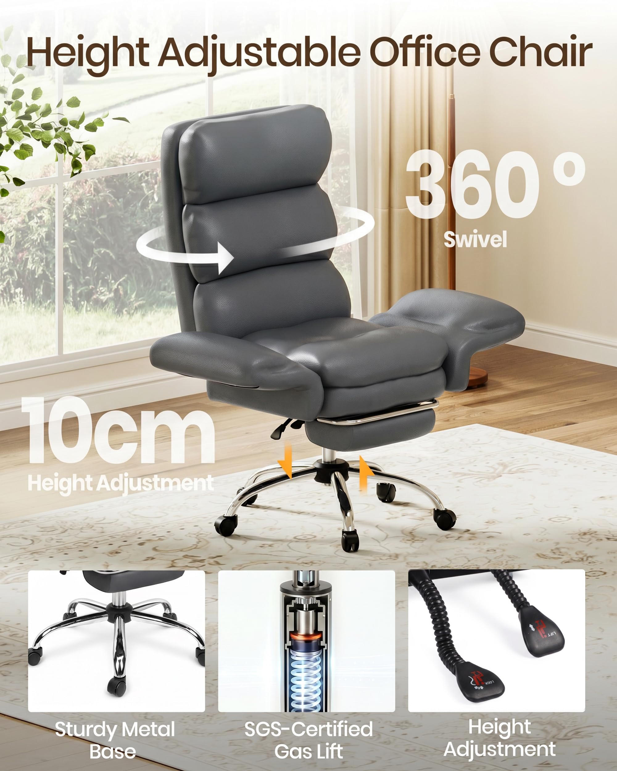 Executive Office Chair, Big and Tall Ergonomic Desk Chair with Foot Rest, Leather Grey, 71D x 71W x 121H centimetres - Image 8