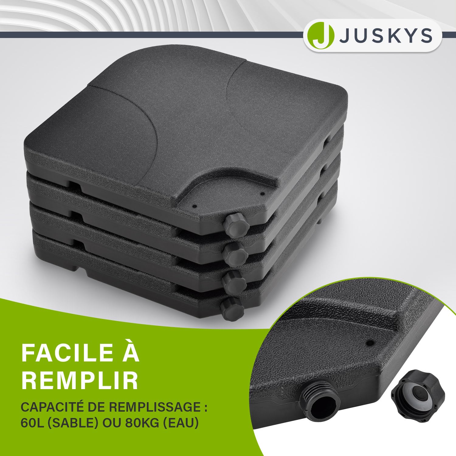 Juskys Poids de lestage pour parasol Quad, ensemble de 4 poids - pouvant être remplis avec 60 litres d'eau ou 80 kg de sable - en plastique HDPE (polyéthylène de haute densité) pied de parasol