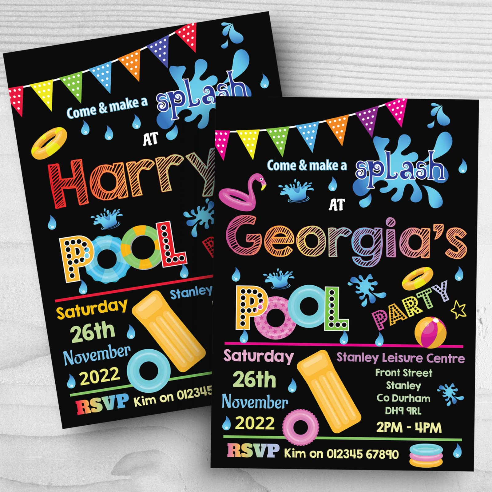 Personal Moments Girls Red|Beige|Black|Grey 10 Personalised Birthday Invitations Swimming Pool Party Boy + Envelopes