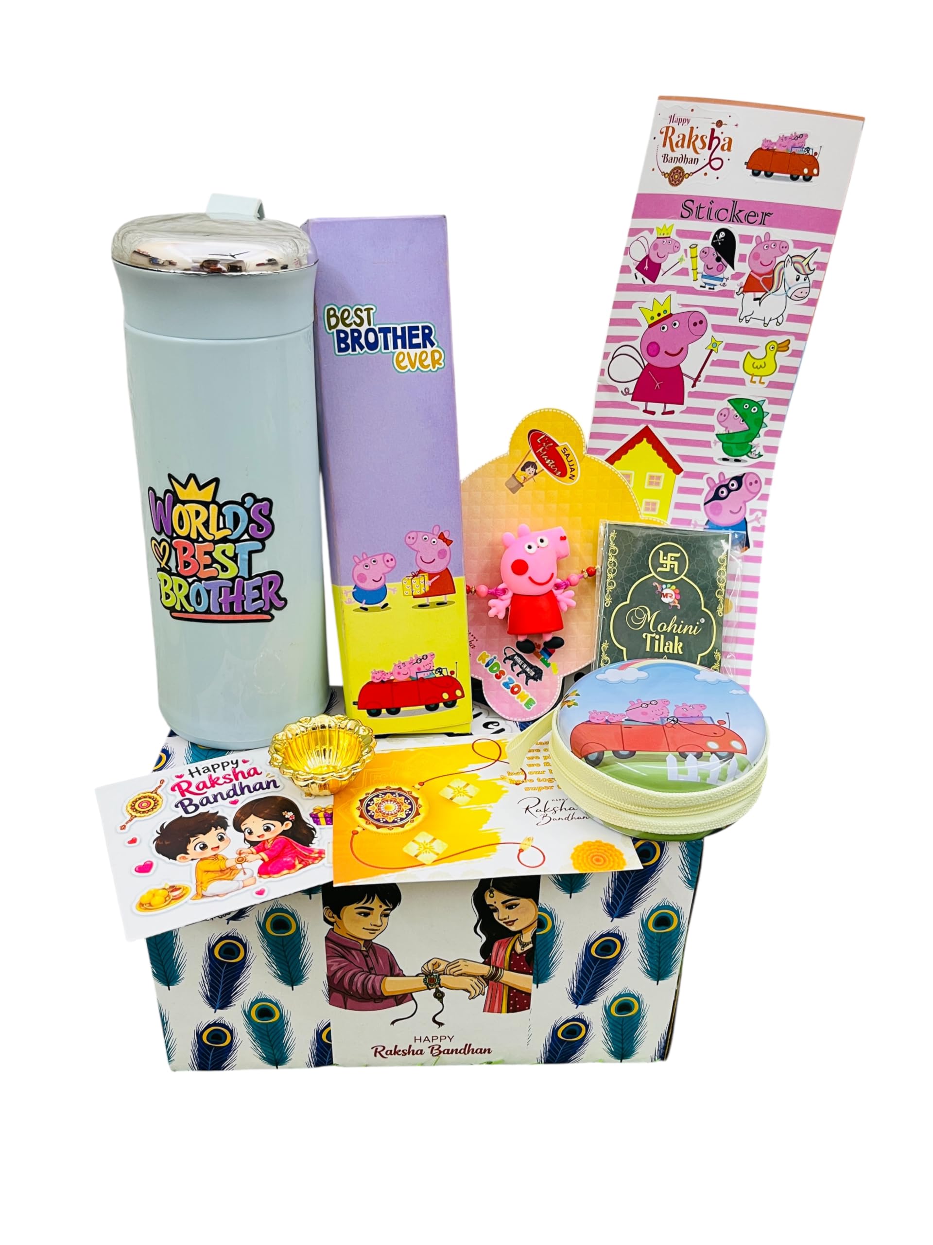 Rakhi Gift hamper for Best Brother- Glass Bottle, Fridge Magnet, Coin Case, Roli, Card, Stationery set, Rakhi for kids in gift box, Rakshabandhan gift combo for bhai, Rakhi with gift for bro-image-11