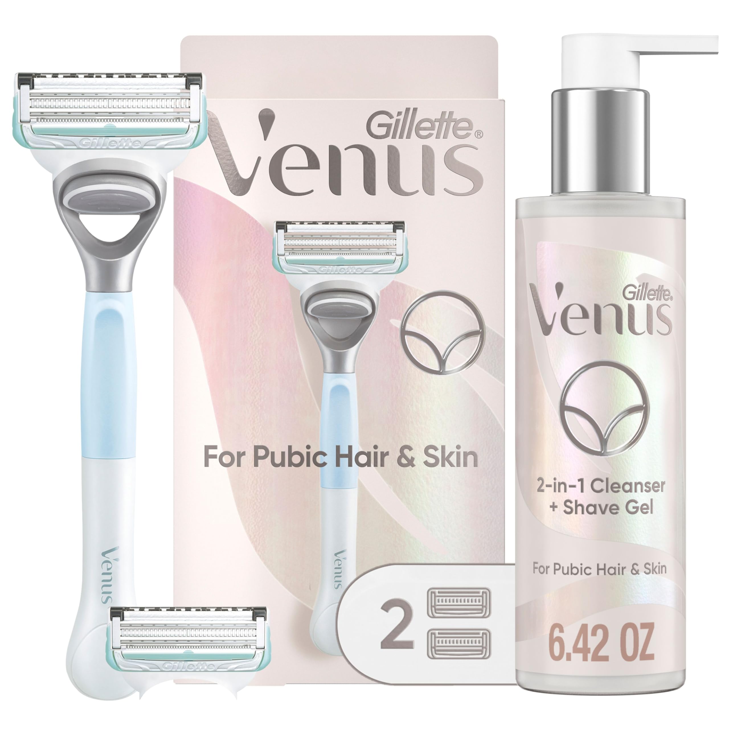 Venus for Pubic Hair and Skin Shaving Set, Women’s Razor, 1 Handle + 2 Blade Refills + 2-in-1 Cleanser