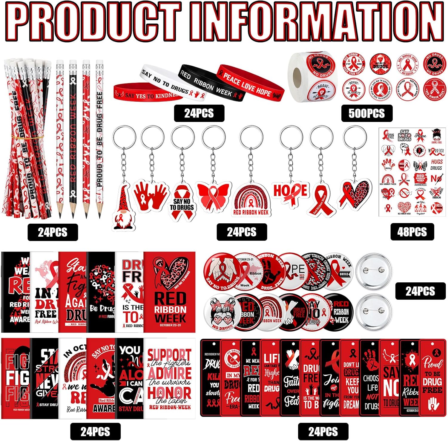 24 Sets Red Ribbon Week Supplies Bulk Include Red Ribbon Awareness Pin Notebook Bookmarks Drug Free Keychain Silicone Wristbands Pencils Stickers Tattoos for Student Teenage Say No to Drugs Event Gift