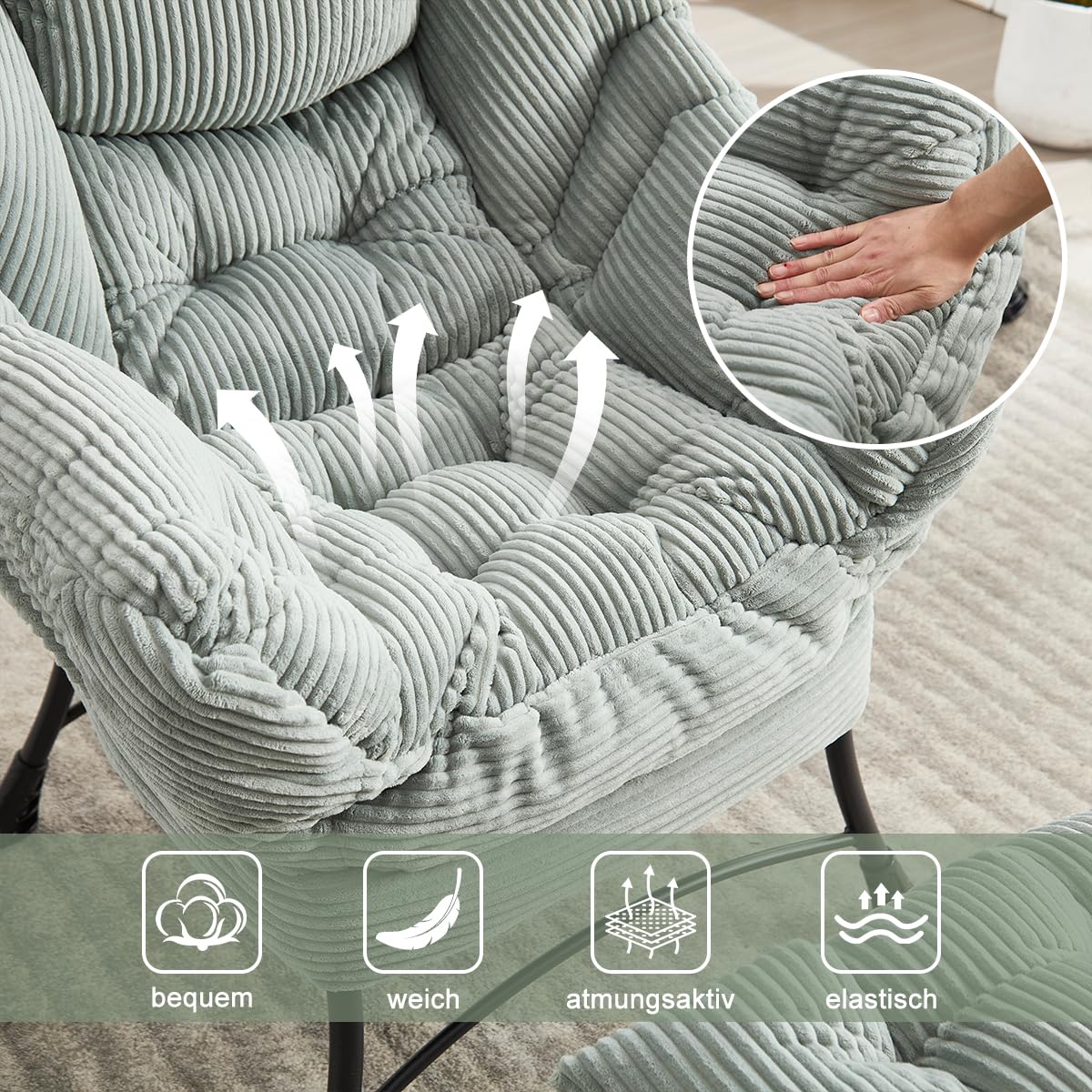 Ohrensessel mit Hocker, Lazy Chair mit Ottoman, Relaxsessel mit Armlehnen, Moderner Loungestuhl mit Fußstütze und Seitentasche im Wohnzimmer Lesesessel, Cord Hellgrau