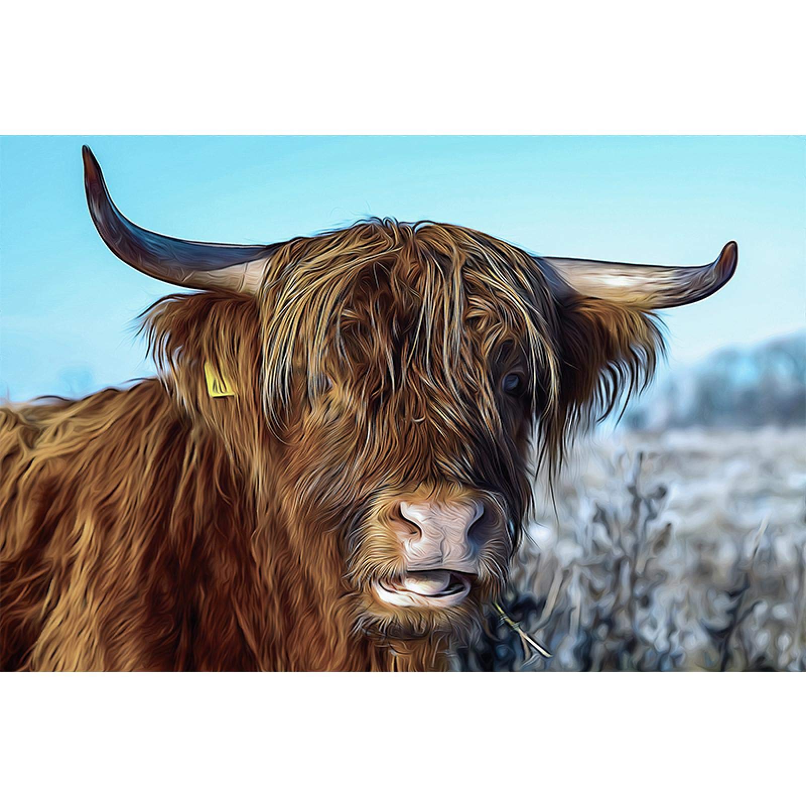 Arte de la pared de la vaca Pintura en lienzo abstracta enmarcada Minimalismo Estampados de vacas peludas Cartel de toro imprimible animal para la sala de estar 75x135cm (30x53in) con marco