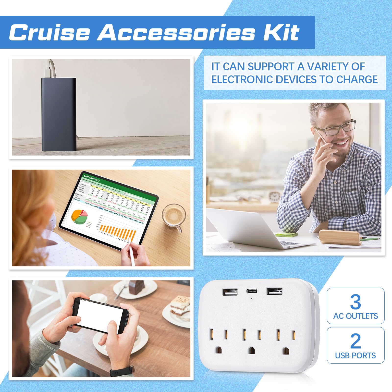 Tenceur 18 pezzi Cruise Essentials Power Strip 6 ganci 2 cordino per carte 4 etichette bagagli 2 borsa telefono 1 stendibiancheria 2 fascia asciugamano
