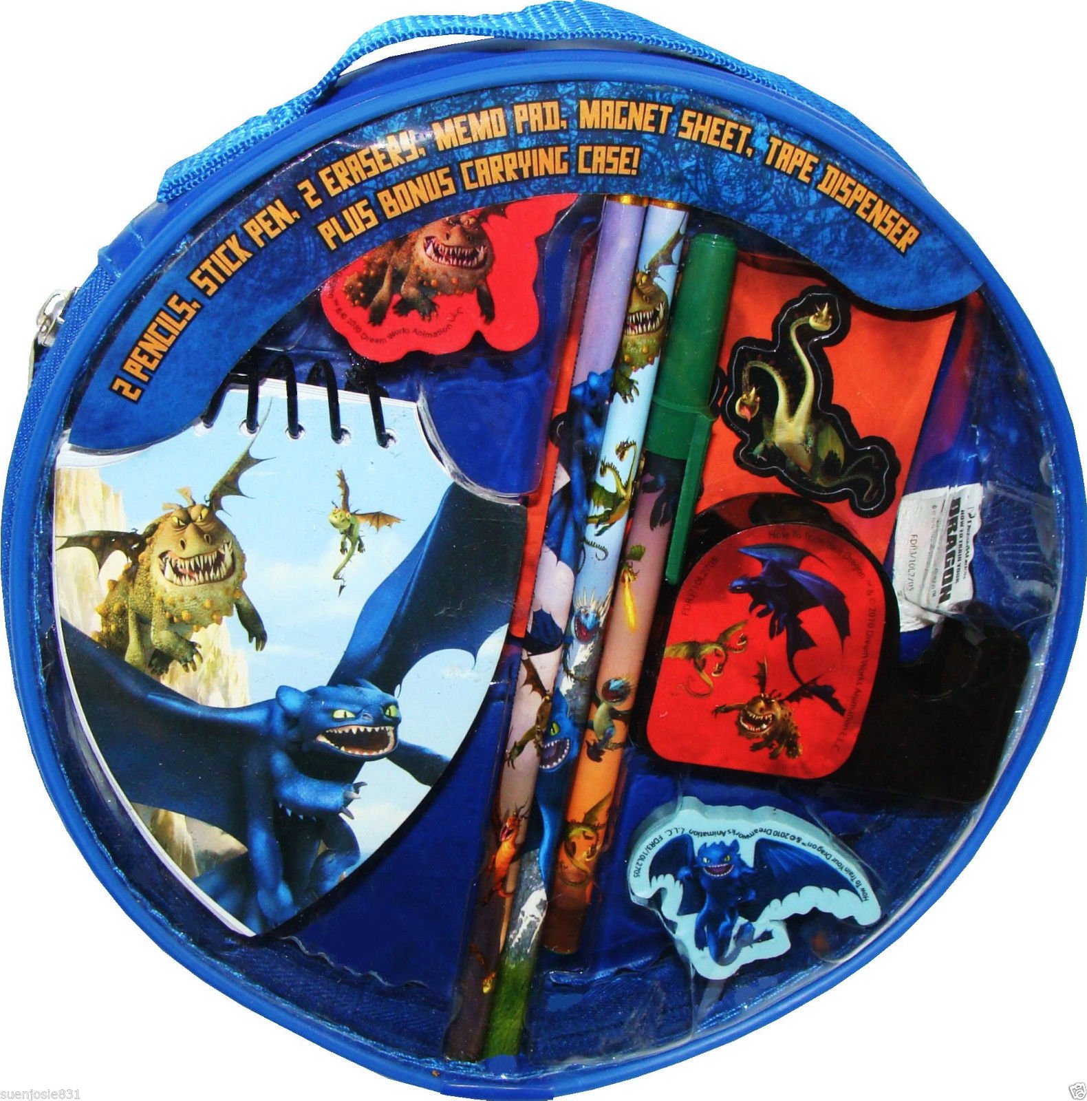 DreamWorks How to Train Your Dragon Dragon Training 101 Set in its blue carrying case, showing two pencils, two erasers, a memo pad, a magnet sheet, and a tape dispenser.