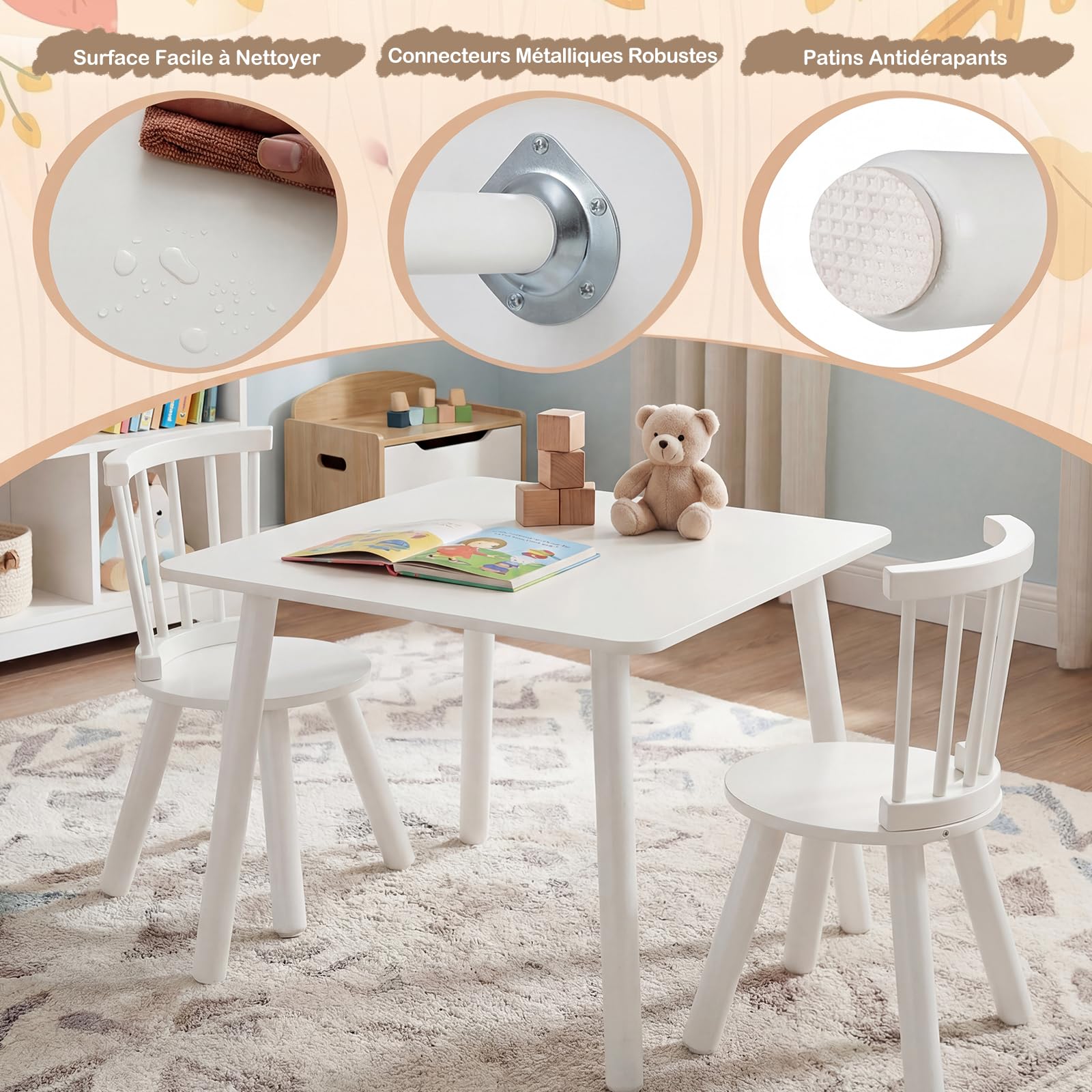 GOPLUS Table Enfant avec 2 Chaises, Table d'Activités Bebe avec Chaise Dossier Courbé et Assises Rondes, Pied en Bois de Pin, Petit Bureau Enfant pour Chambre, Maternelle (Blanc)