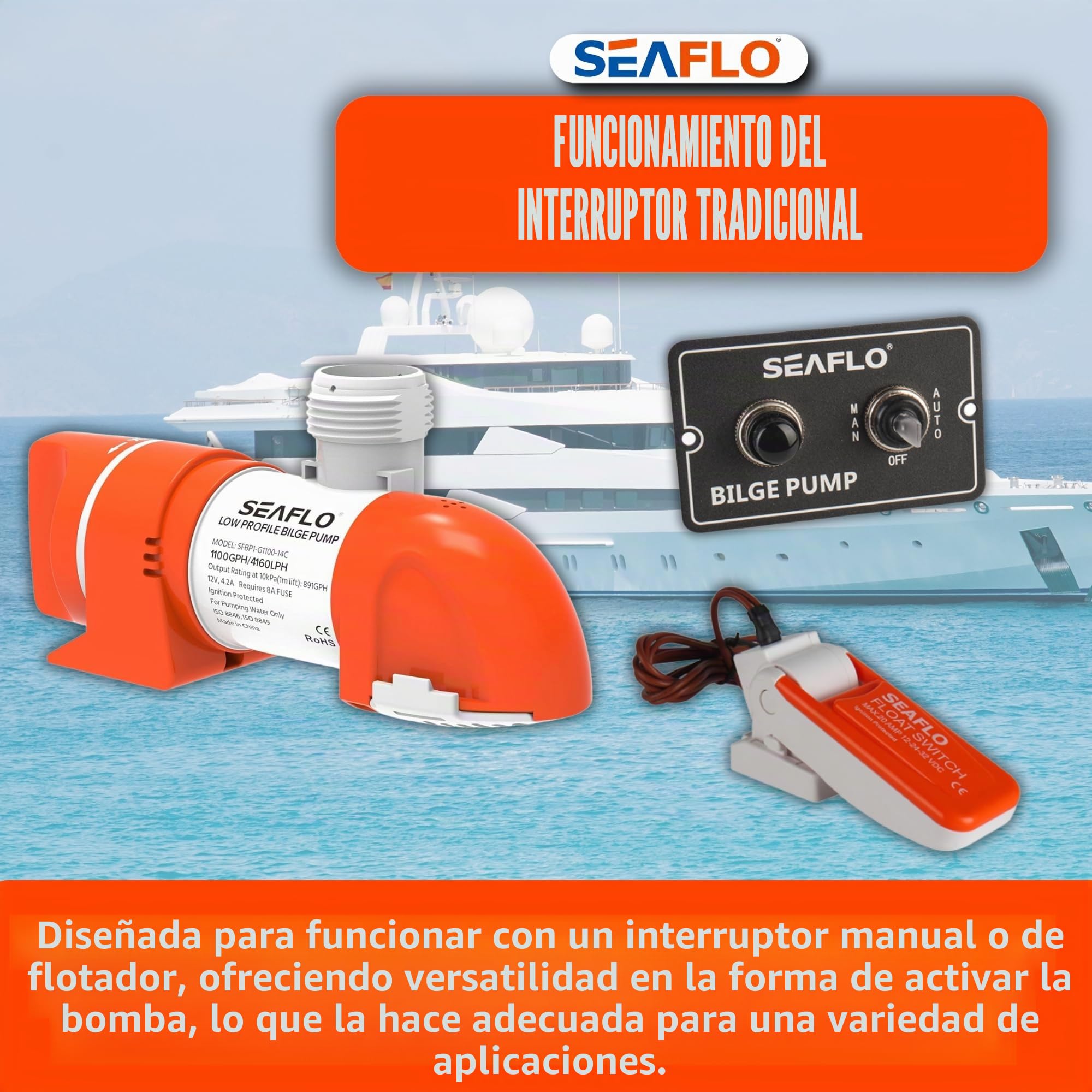 SEAFLO Bomba de sentina de perfil bajo no automática serie 14C de 12 V 1100 GPH | Válvula de retención, diseño de ajuste a presión, instalación de 360° y 4 años de garantía para marina, barco, yate