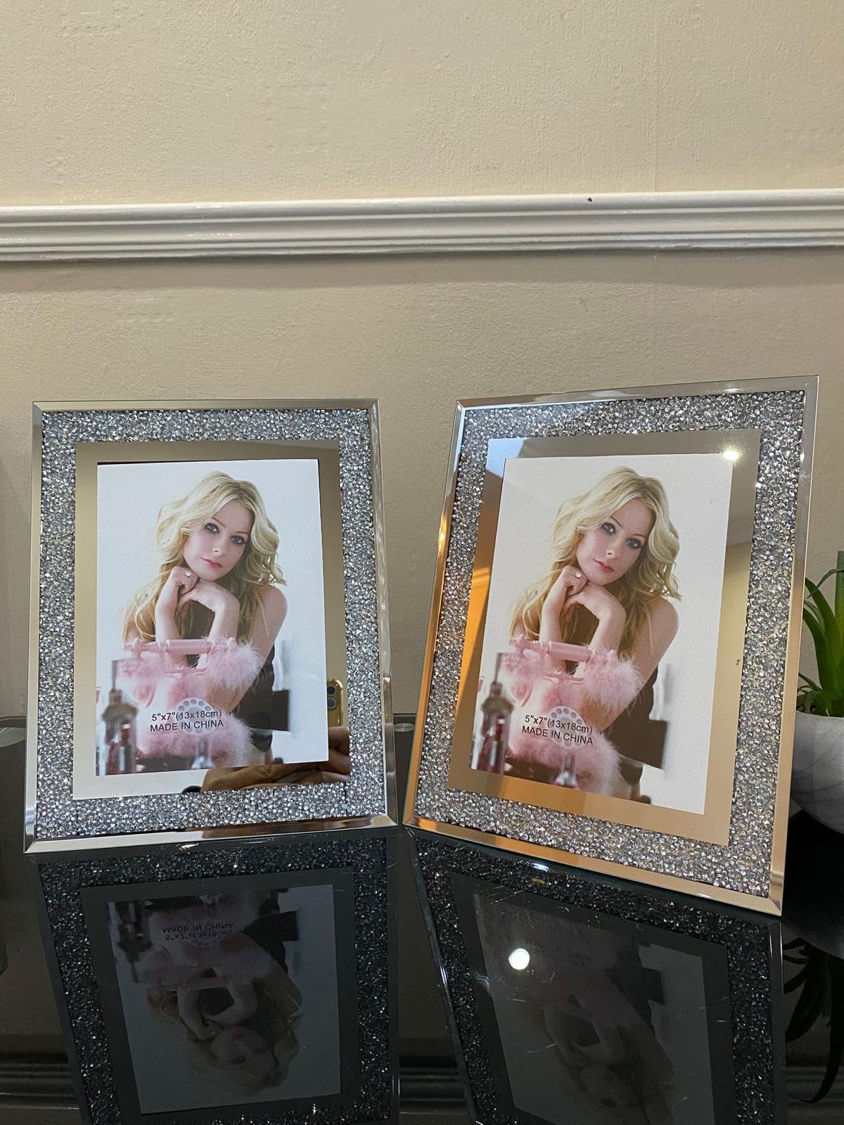 Stunning Silver Set Of 2 Crushed Crystals Mirrored Photo Frame Crystal Diamante Picture Frame Tabletop Frame Vertical And Horizontal Photo Frame (5X7 In, )