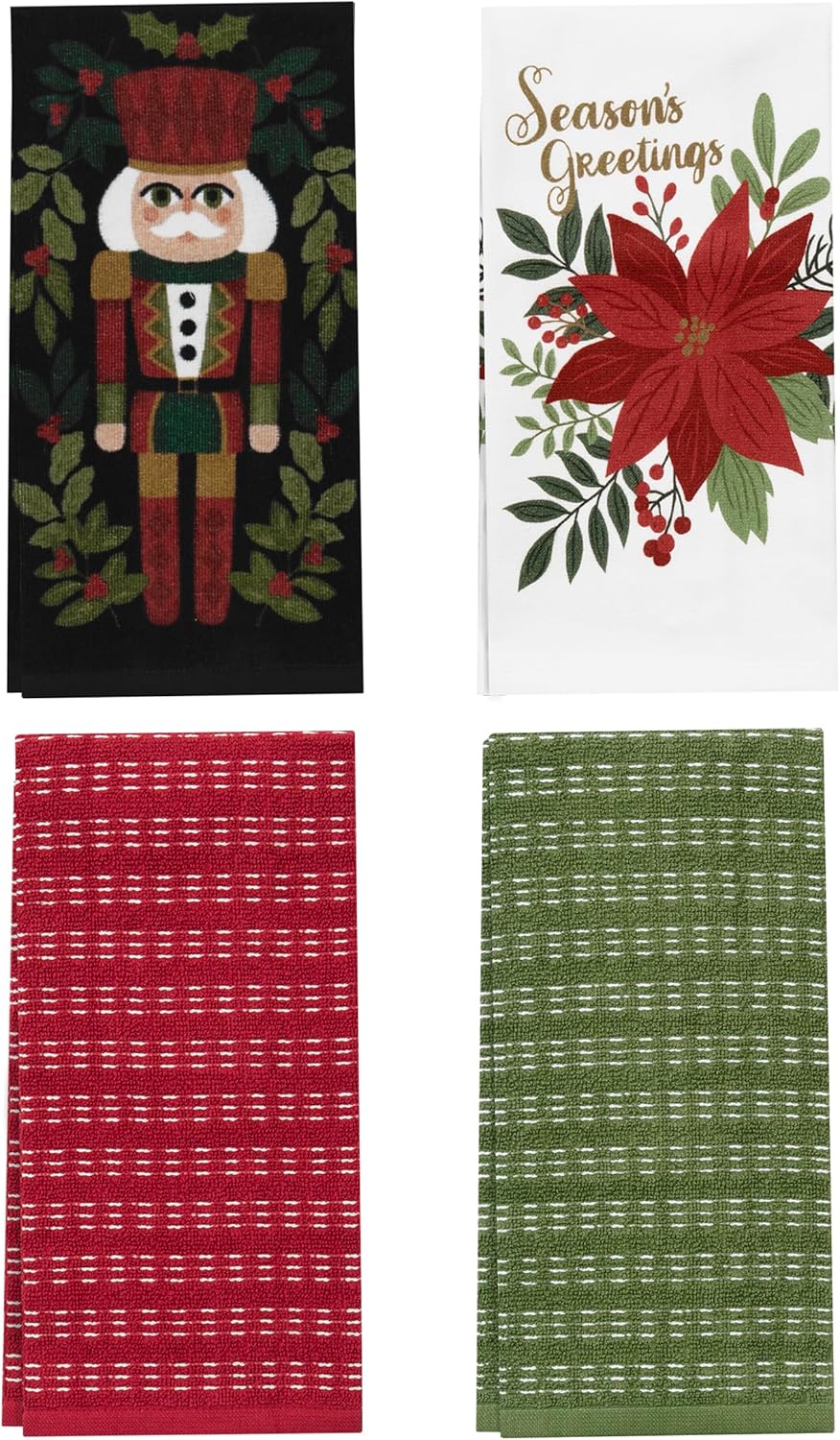 Ritz Holiday Hand Towels 2 Pack - Penguin Embroidered Velour Finger Towels, 100% Cotton, Festive Green Diamond Grid Holiday Bathroom Decor