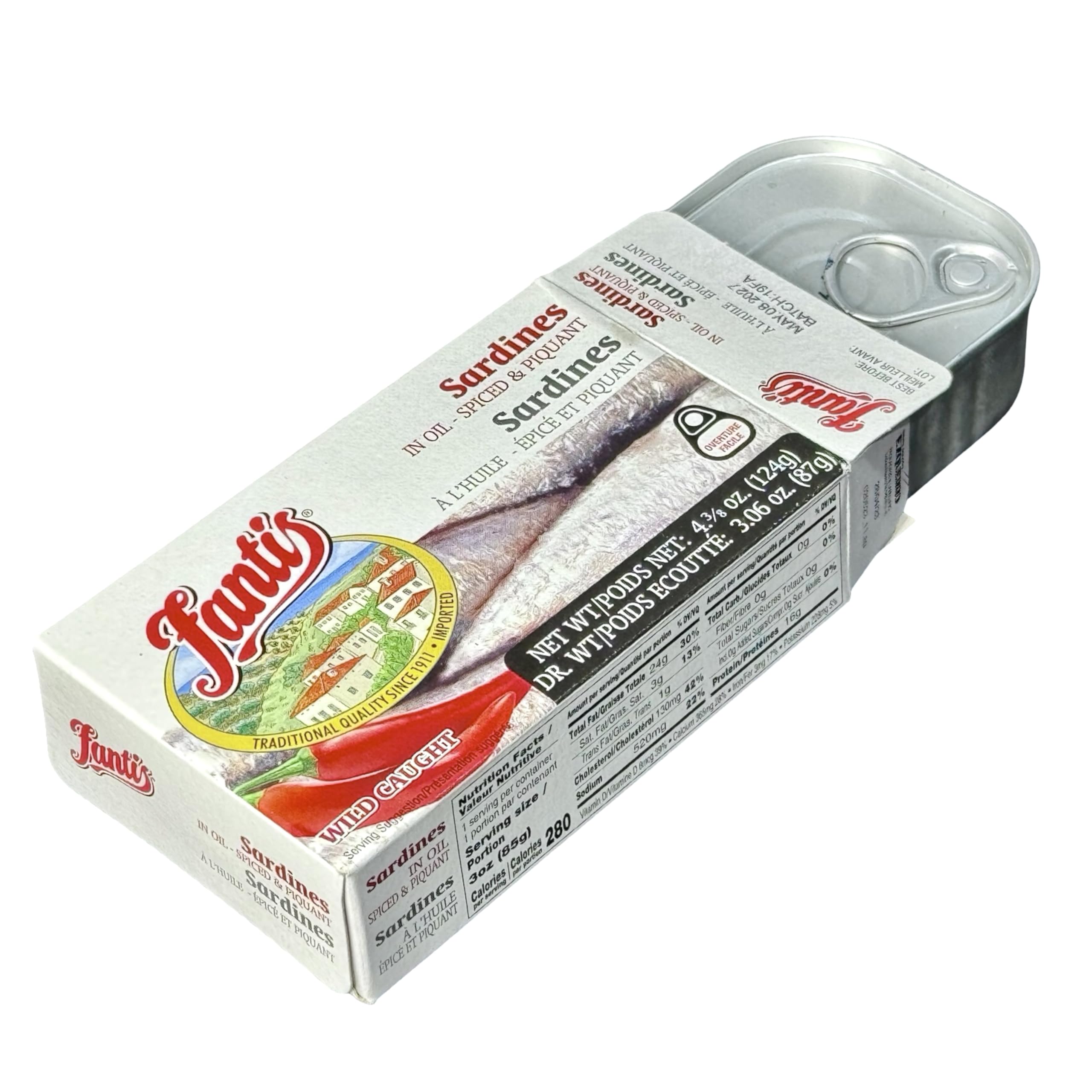 Fantis – Sardines in Oil – Spiced & Piquant Wild-Caught Sardines, from Spain, Keto-Friendly, Ready to Eat, High Protein Seafood Snack, 4.375 oz, Pack of 6