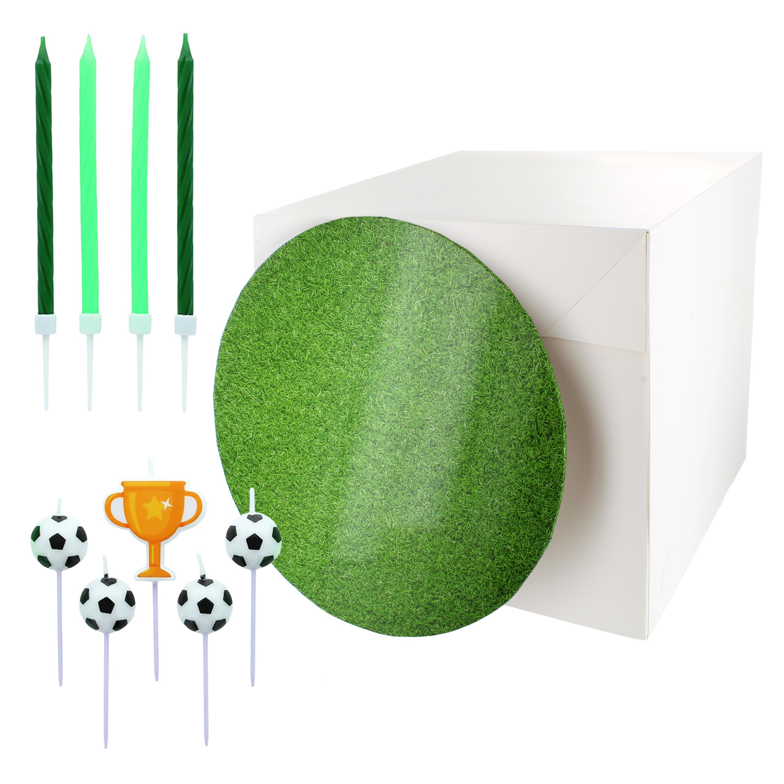 Culpitt Football Cake Set | Birthday Cake Candles, Cake Board, Cake Box | Football Party, Sports Toppers With Footballs, Trophy Cup - 9 Candles, 10" Grass Masonite Board, White Box โ image 1