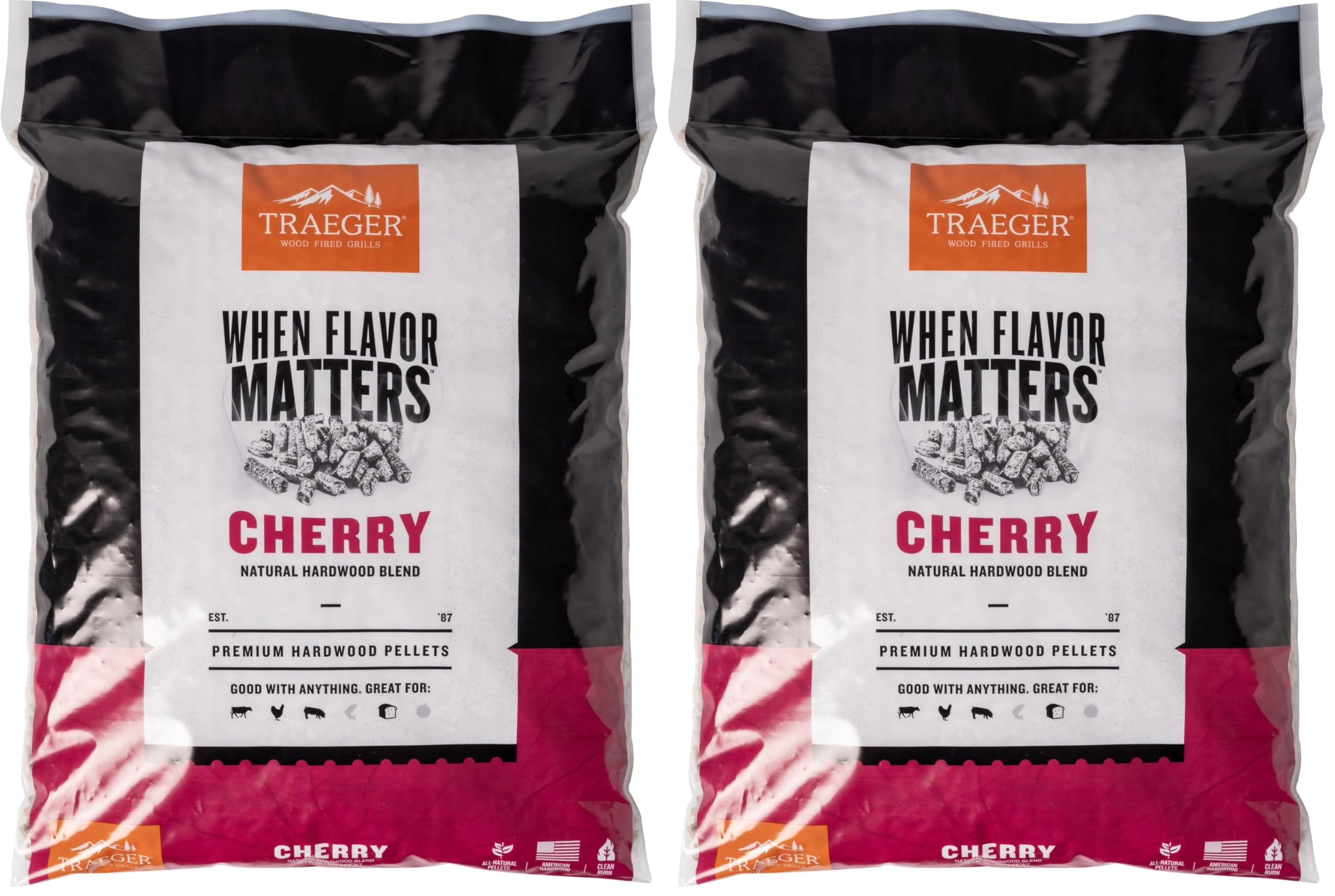 Traeger Grills Cherry 100% All-Natural Wood Pellets for Smokers and Pellet Grills, BBQ, Bake, Roast, 18 lb. Bag (Pack of 2)