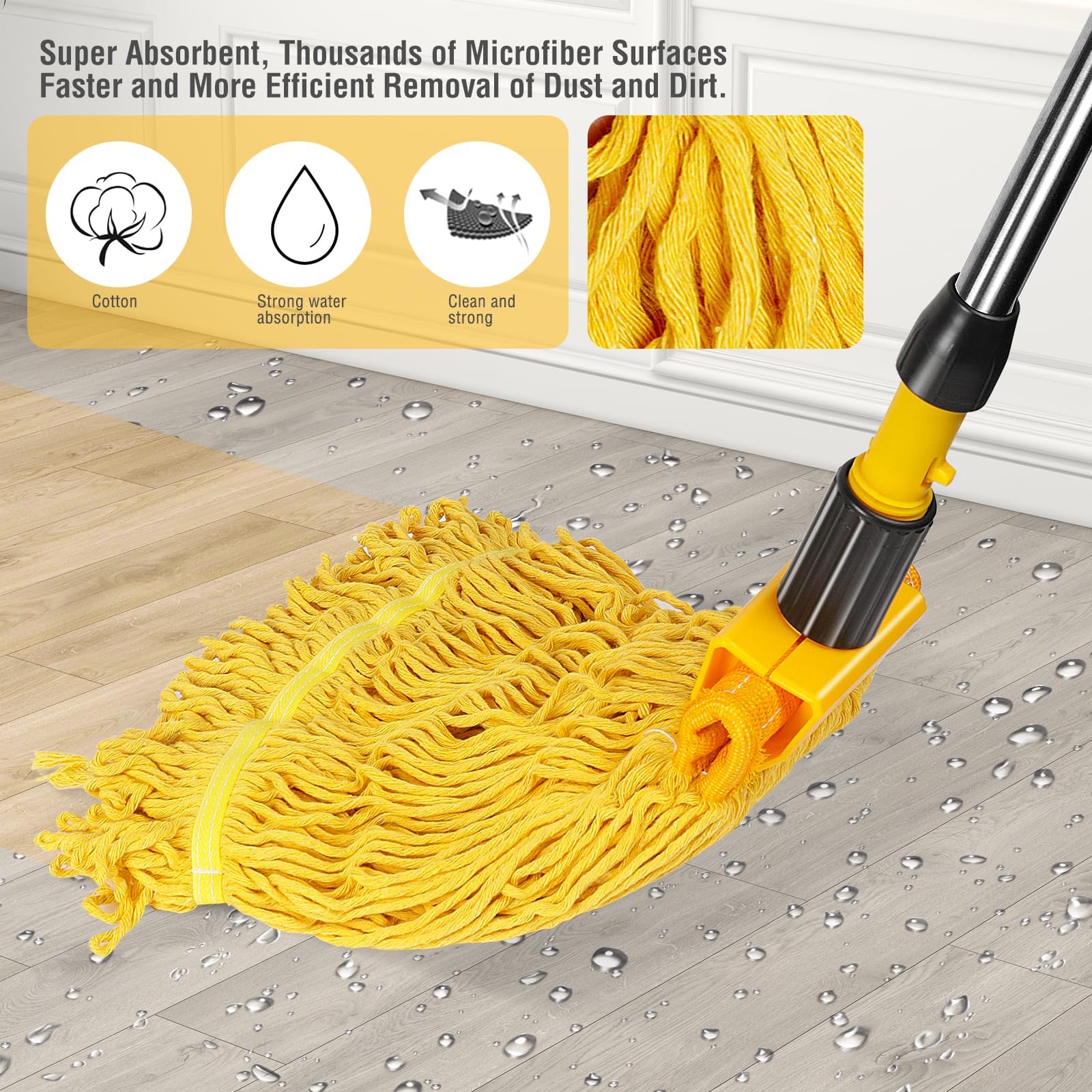 Commercial Mop, Looped-End String Industrial Mop, Heavy Duty Mops with 2 String Cotton Mop Heads for Floor Cleaning, Blue/Yellow