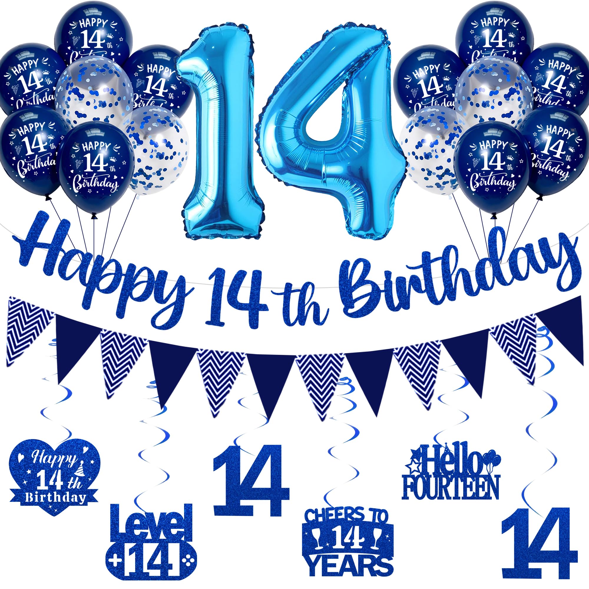 14th Birthday Decorations for Boys Girls - Blue Glitter Happy 14th Birthday Letter Banner and Pennant Flags, Number 14 Foil Balloons and Hanging Swirls for 14 Years Old Children Party Supplies