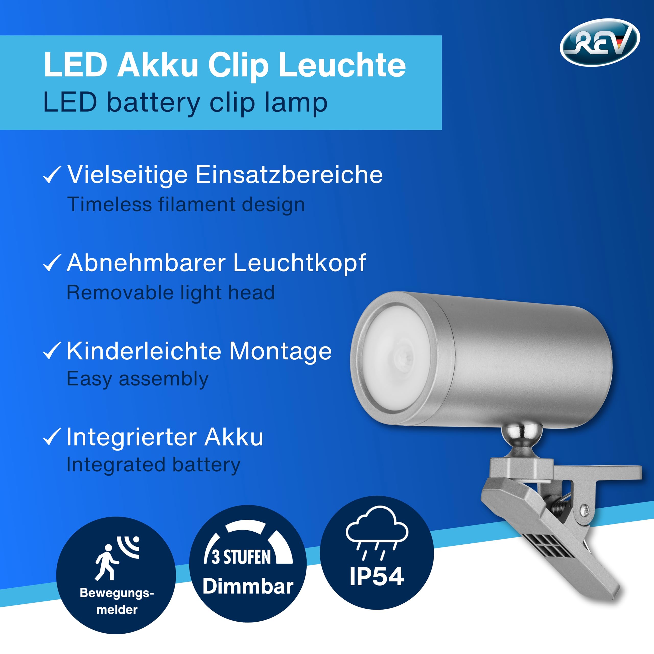 REV Lampa ścienna LED z akumulatorem i czujnikiem ruchu, 180 lm, bezprzewodowa, ściemniana, obracana o 360°, idealna na kemping, do garażu, piwnicy, IP54, srebrna