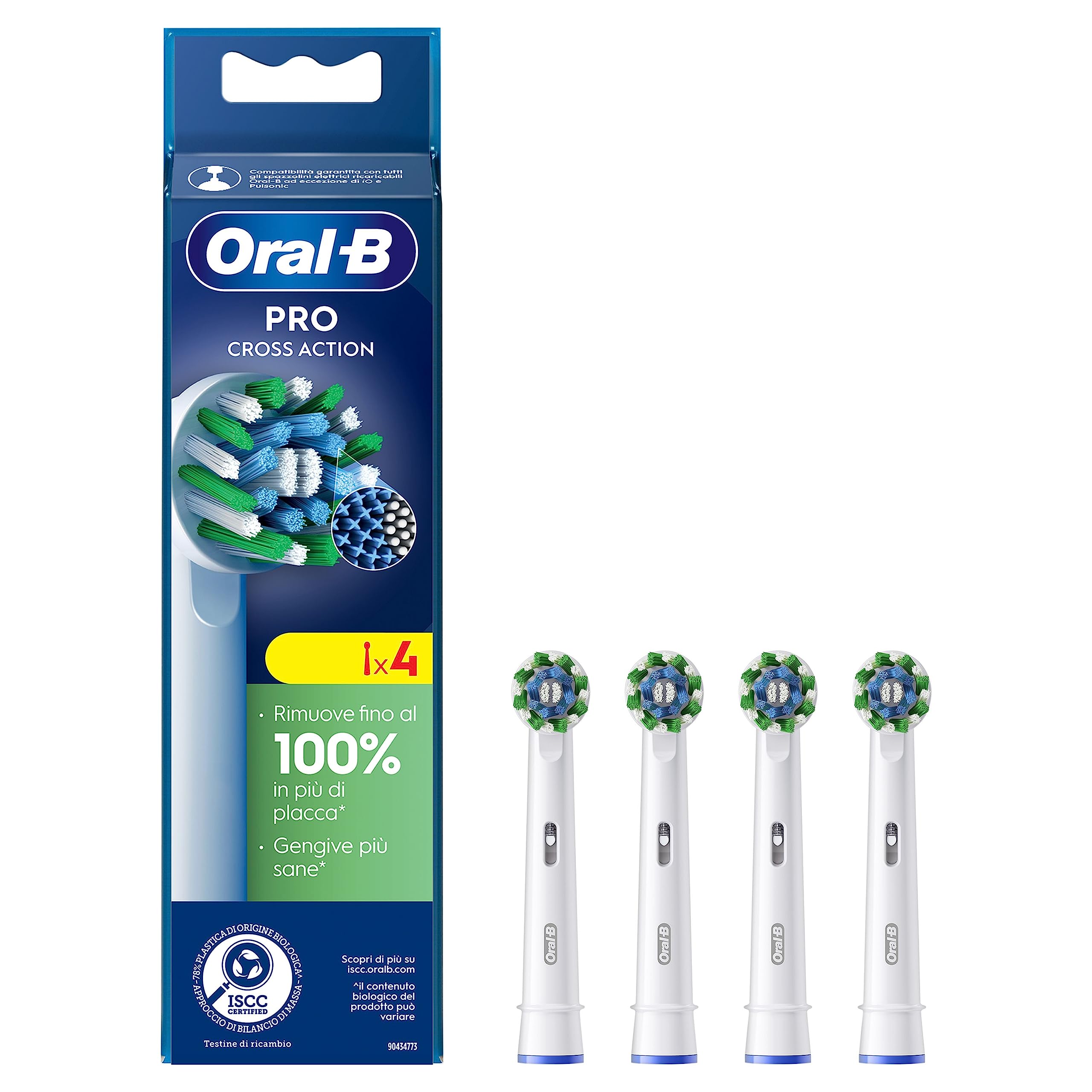 Oral-B Cross Action Testine Spazzolino Elettrico, Confezione da 4 Testine di Ricambio Bianche, Setole Angolate che si Adattano a ogni Dente per una Pulizia Profonda