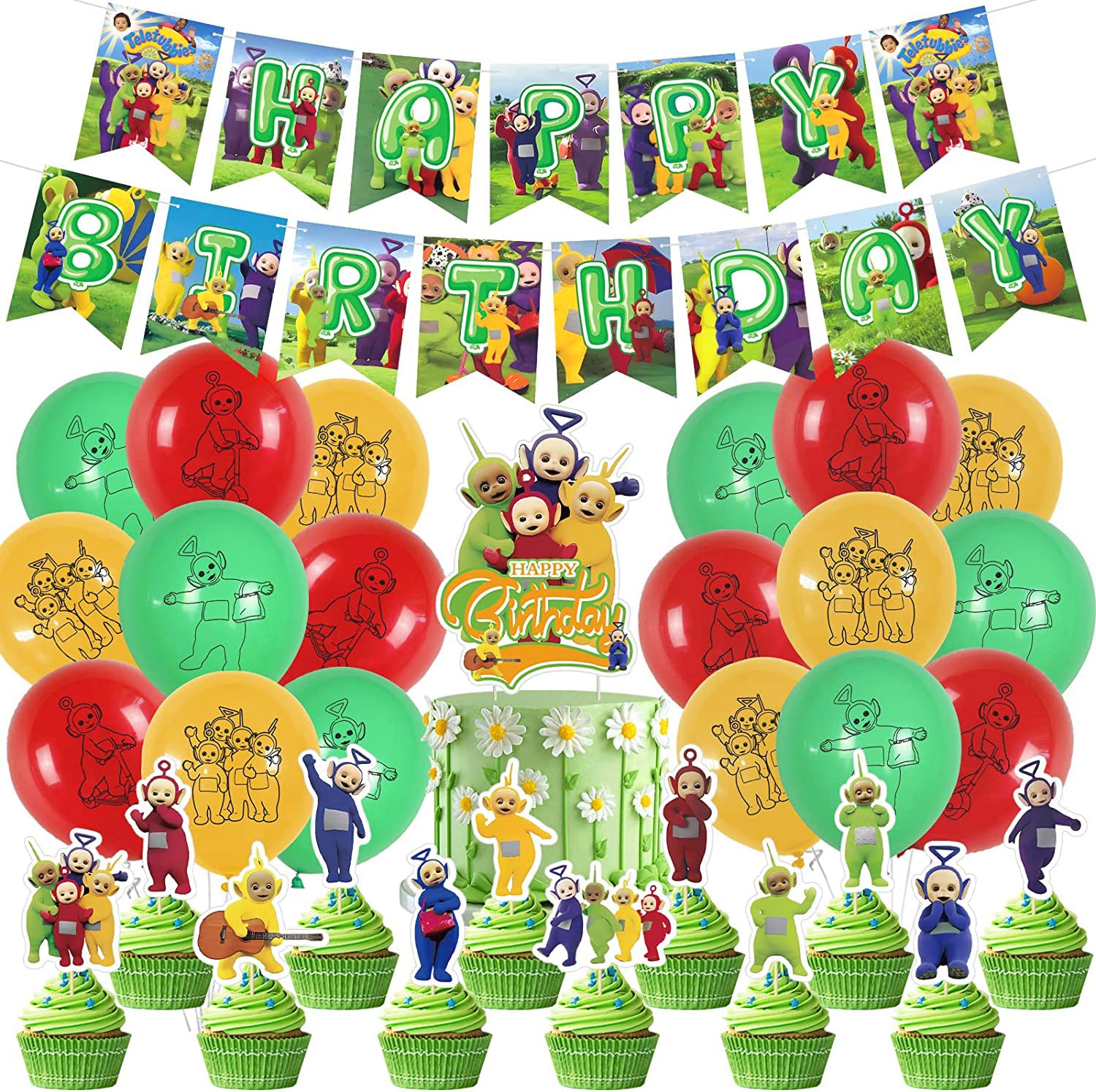 Teletubbies Party Decorations Cartoon Teletubbies Birthday Party Supplies with Happy Birthday Banner Cake Topper Balloons for Kids