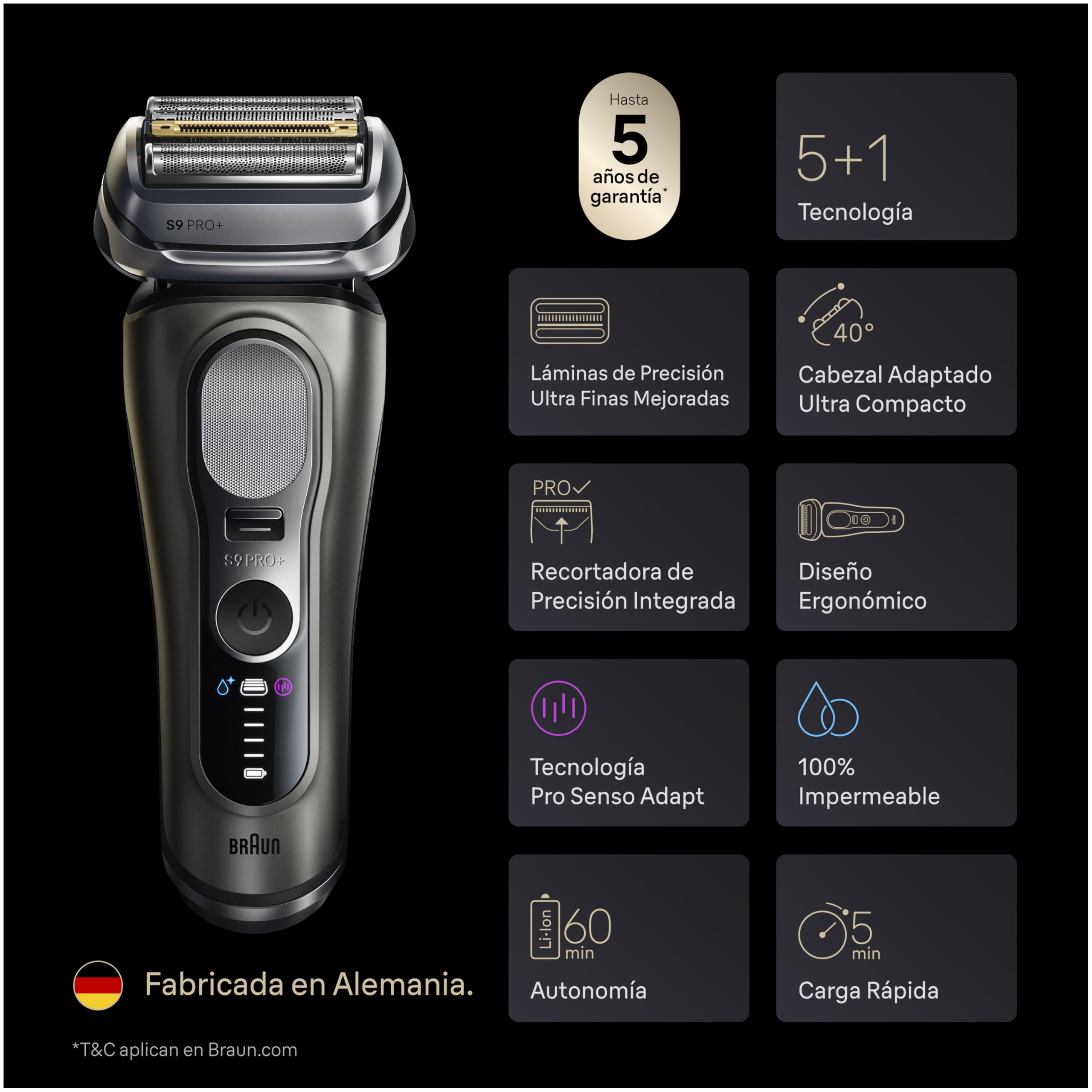 Braun Series 9 Pro+ Afeitadora Eléctrica Hombre, 9665CCE, Grafito - Máquina de Afeitar Barba con Tecnología 5+1, Resistente al Agua, Recargable, 60 Min de Uso, Estuche de Viaje, Centro de Limpieza