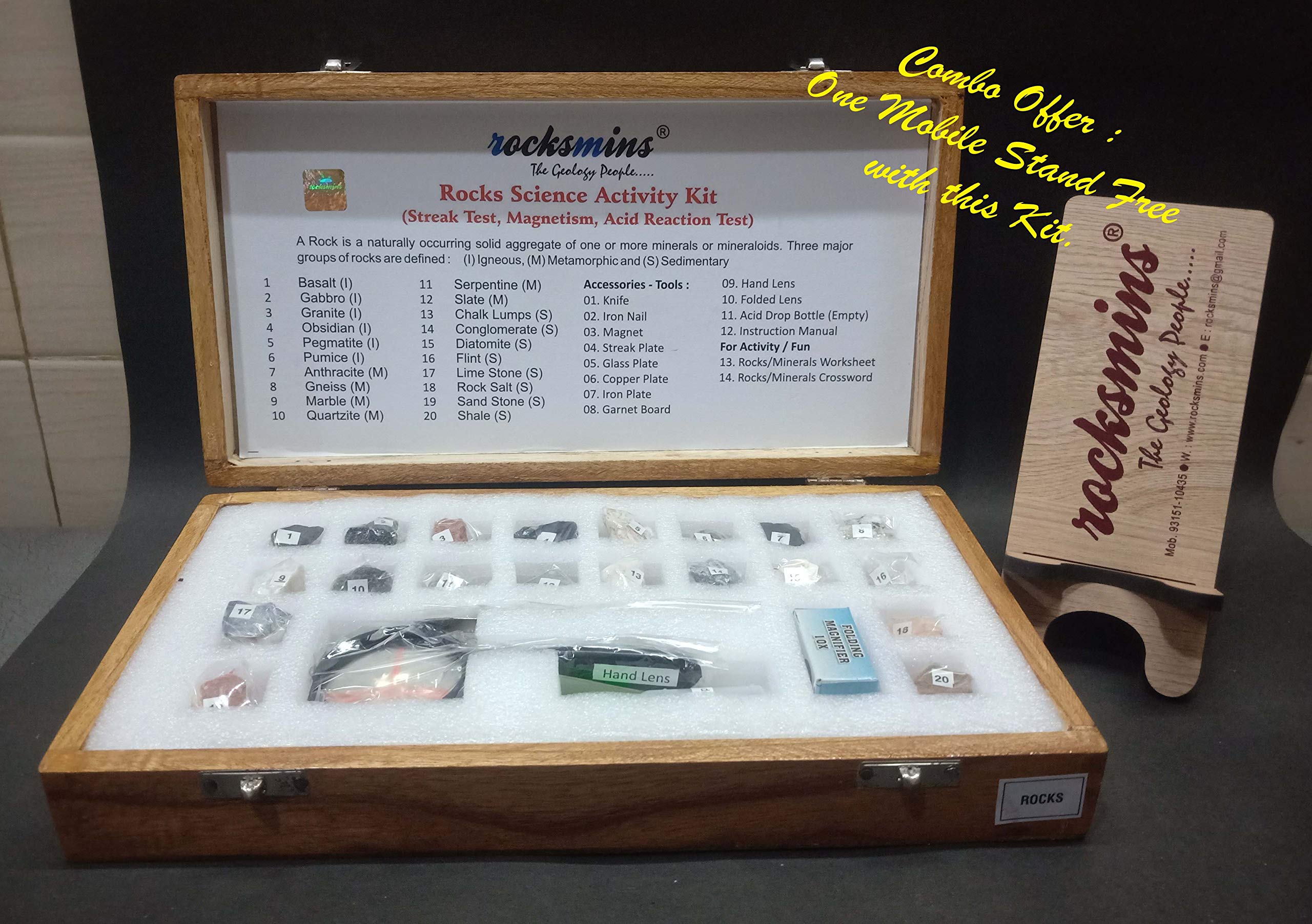 Rocksmins Rocks Science Activity Kit in Wooden Box Set of 20 Rocks Kit with Tools, Instruction Manual and Crossword Minerals Kits with Free Mobile Stand Rock Mineral collection (RO20ACWBMS)