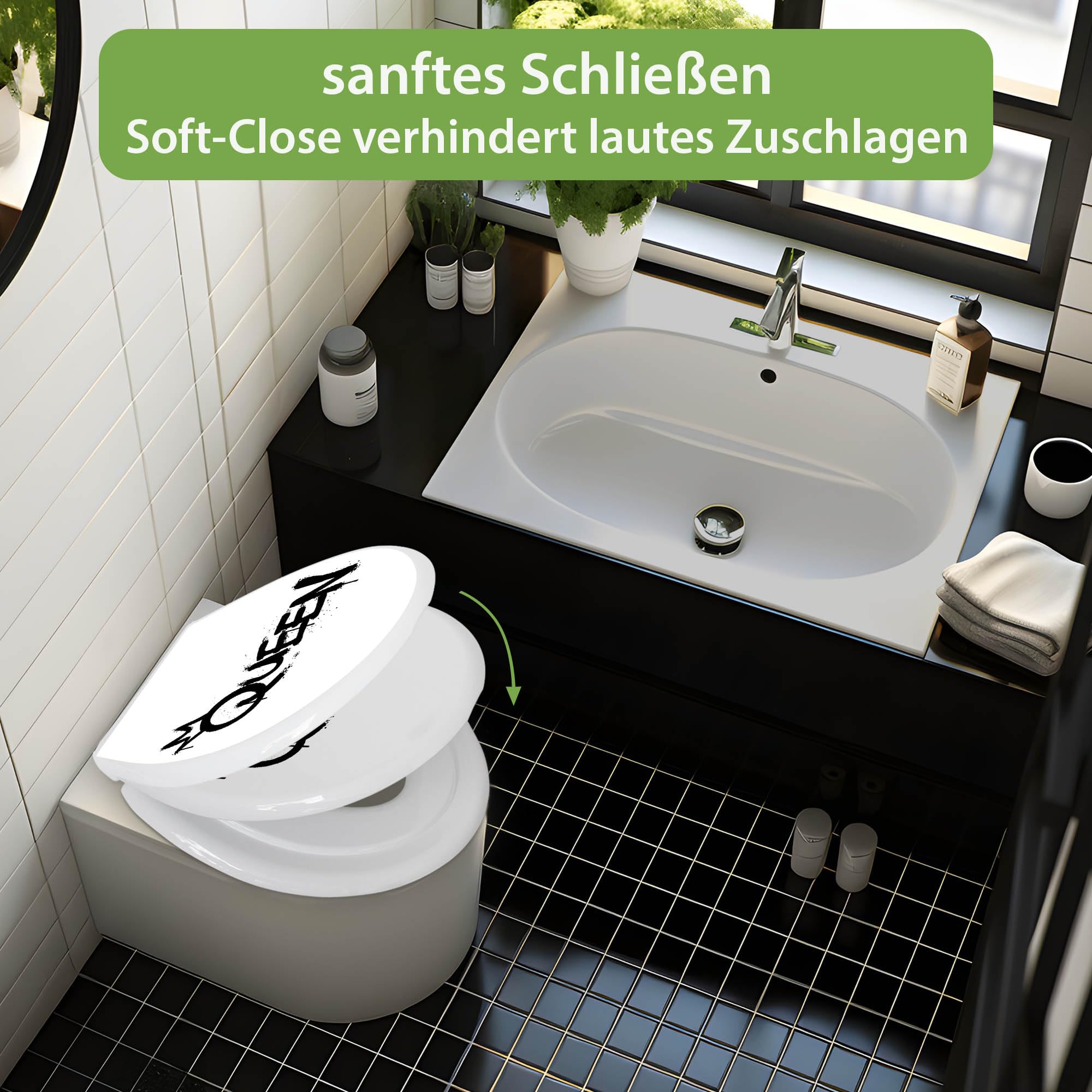 banjado Familien WC Sitz mit Absenkautomatik 44,9x37,1cm - Klobrille mit Kindersitz aus hochwertigem Polypropylen - Toilettendeckel mit Kinder Toilettensitz integriert - Motiv Queen Graffiti