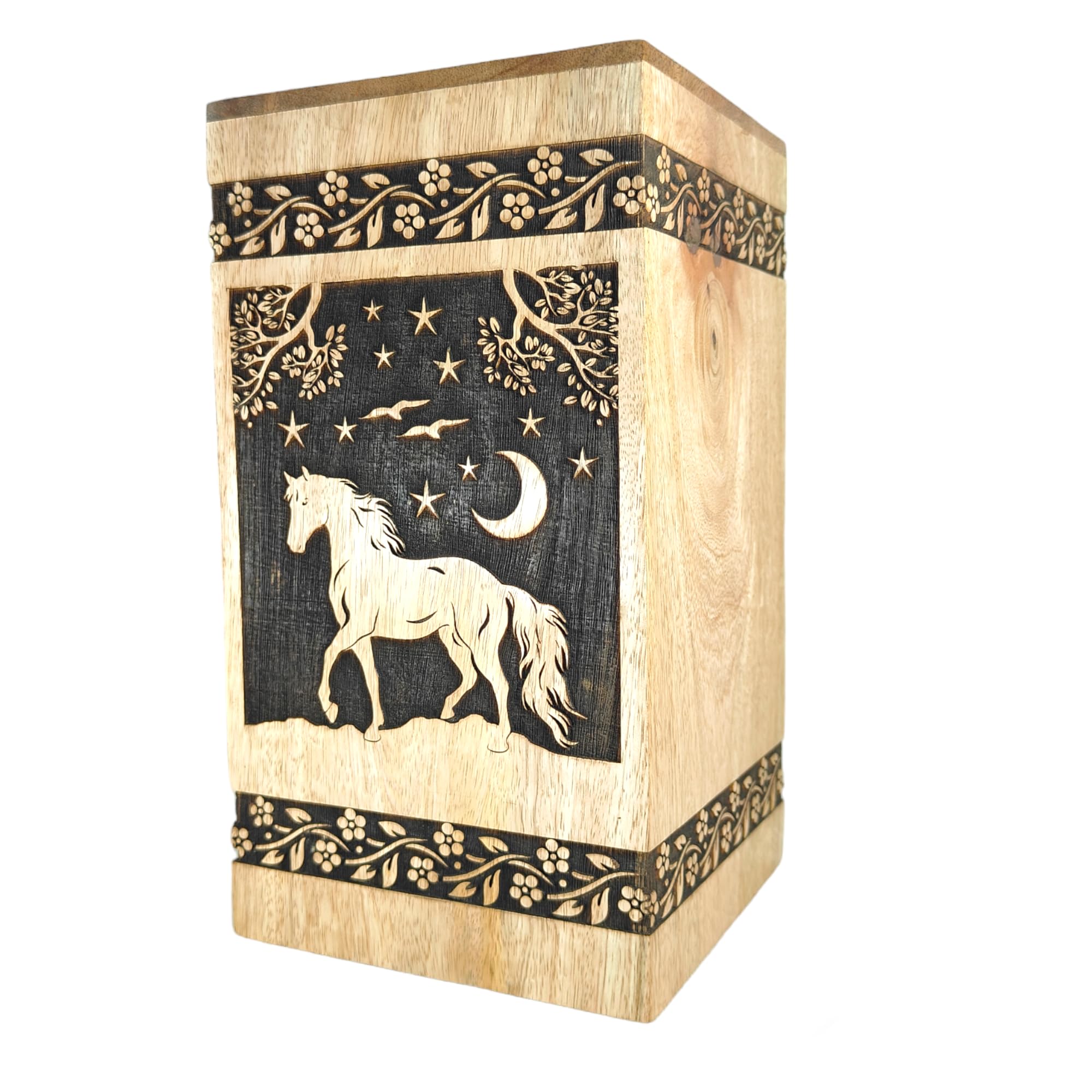 Generic Handcrafted Mango wood Personalized Cremation Urn Horse Design with Floral Border Wooden Urn Box for Human Funeral Ashes (11 x 6 x 6 inches 250 lbs)